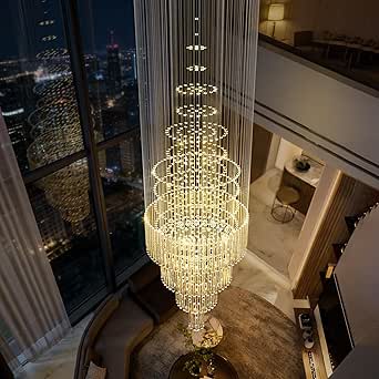 Large Modern Crystal Chandelier for High Ceilings - Gold Raindrop Design, 32