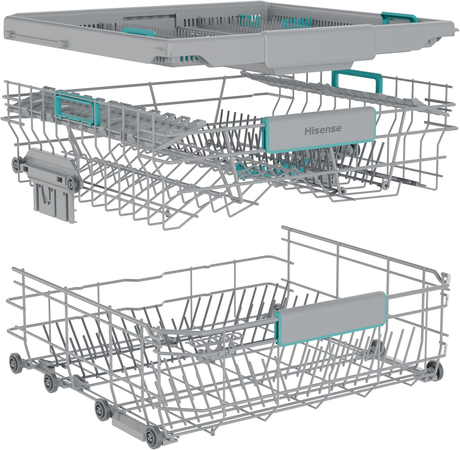 Exploded view of the Hisense HV16C dishwasher's three baskets: upper, middle, and lower, demonstrating their flexible design.