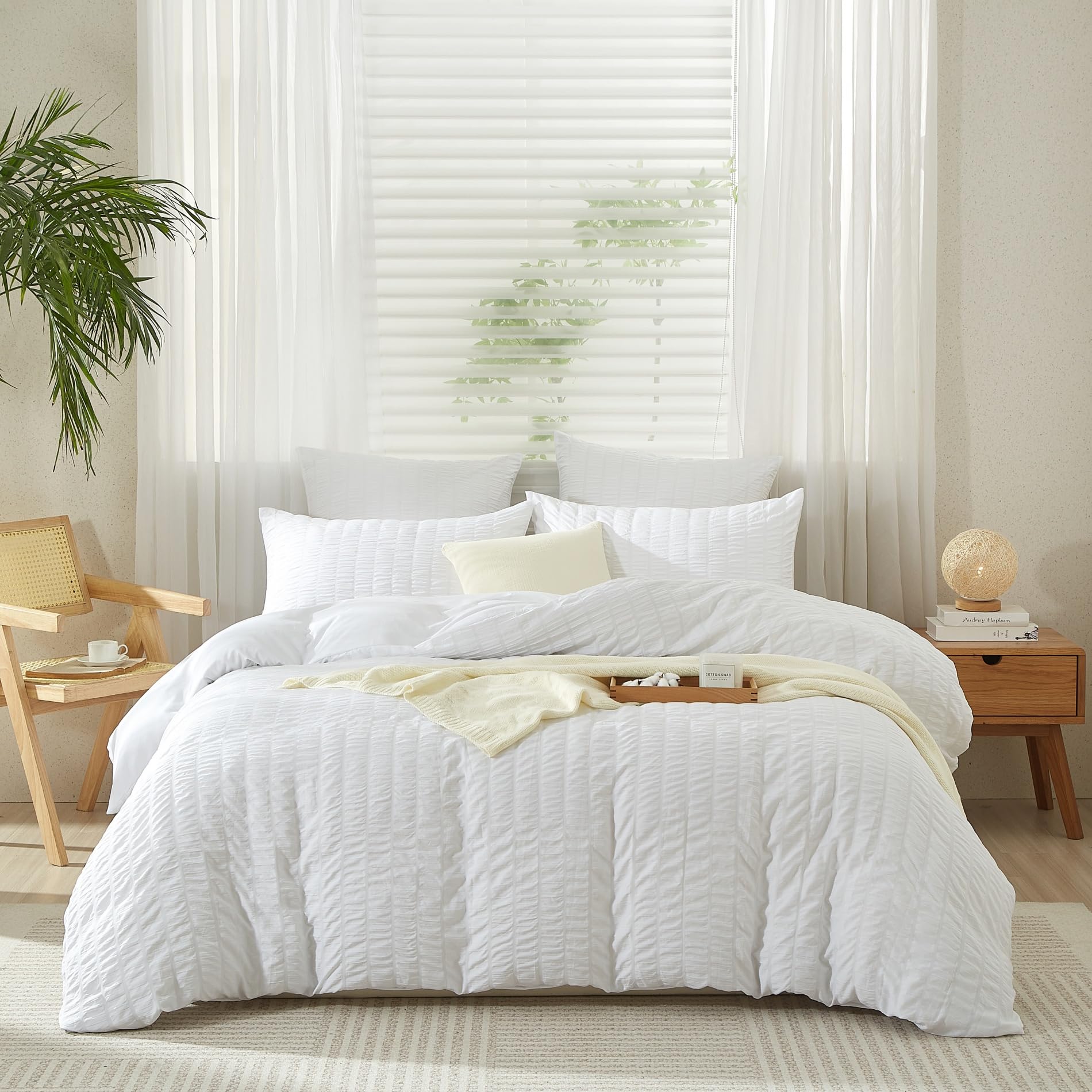 Seersucker - Ropa de cama de 220 x 240 cm, diseño a rayas, color blanco, 3 piezas, suave y transpirable, microfibra, funda nórdica con cremallera y 2 fundas de almohada de 80 x 80 cm