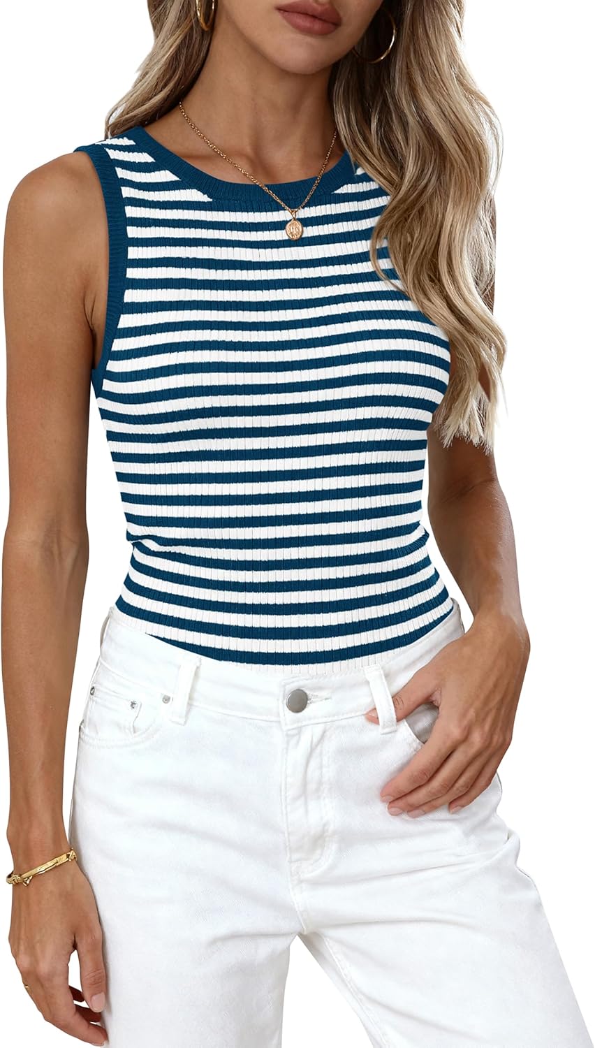 PRETTYGARDEN Summer High Neck Striped Tank Tops for Women Casual Sleeveless Sweaters Basic Ribbed Knit Slim Fitted Shirts
