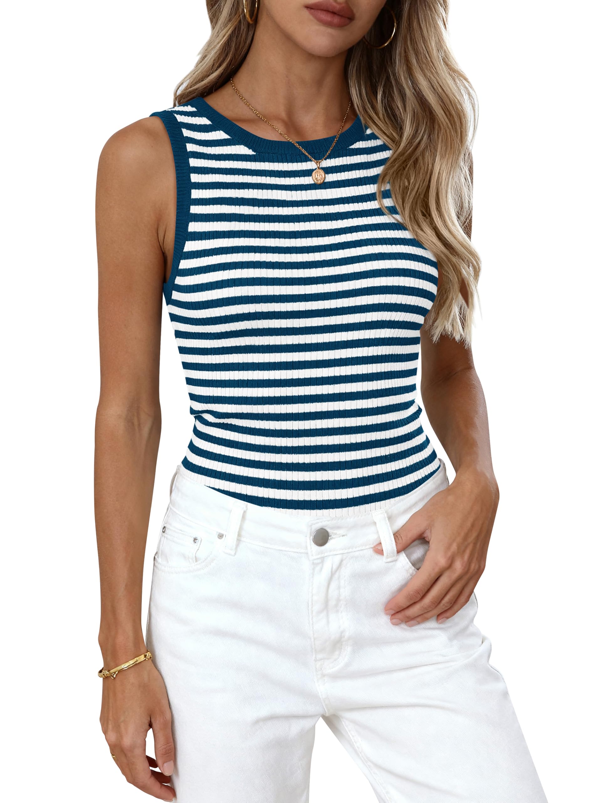 PRETTYGARDEN Summer High Neck Striped Tank Tops for Women Casual Sleeveless Sweaters Basic Ribbed Knit Slim Fitted Shirts