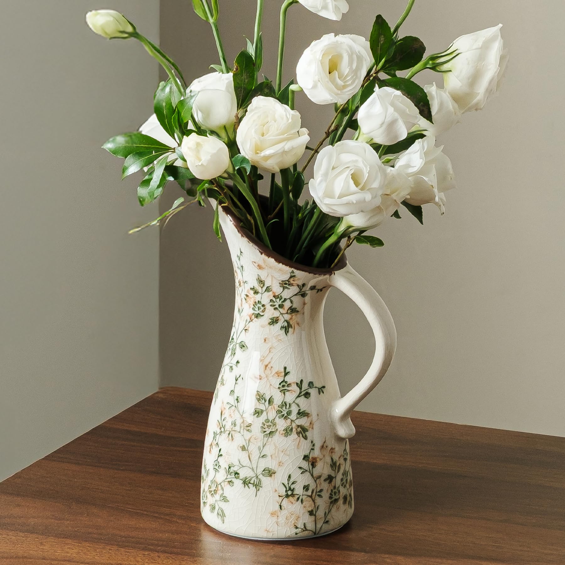 Ceramic Flower Vase for Home Decor, Vintage Green Pitcher Vase 7.3 Inch