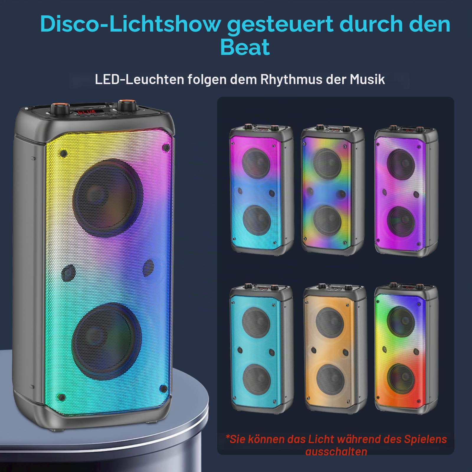 Bluetooth-Lautsprecher, kabellos, 80 W Spitze, kabellos, TWS, tragbare Outdoor-Party-Lautsprecher mit Subwoofer, tiefer Bass, 6 bunte LED-Lichter, lauter Stereo-Sound, Boombox für Party, Zuhause