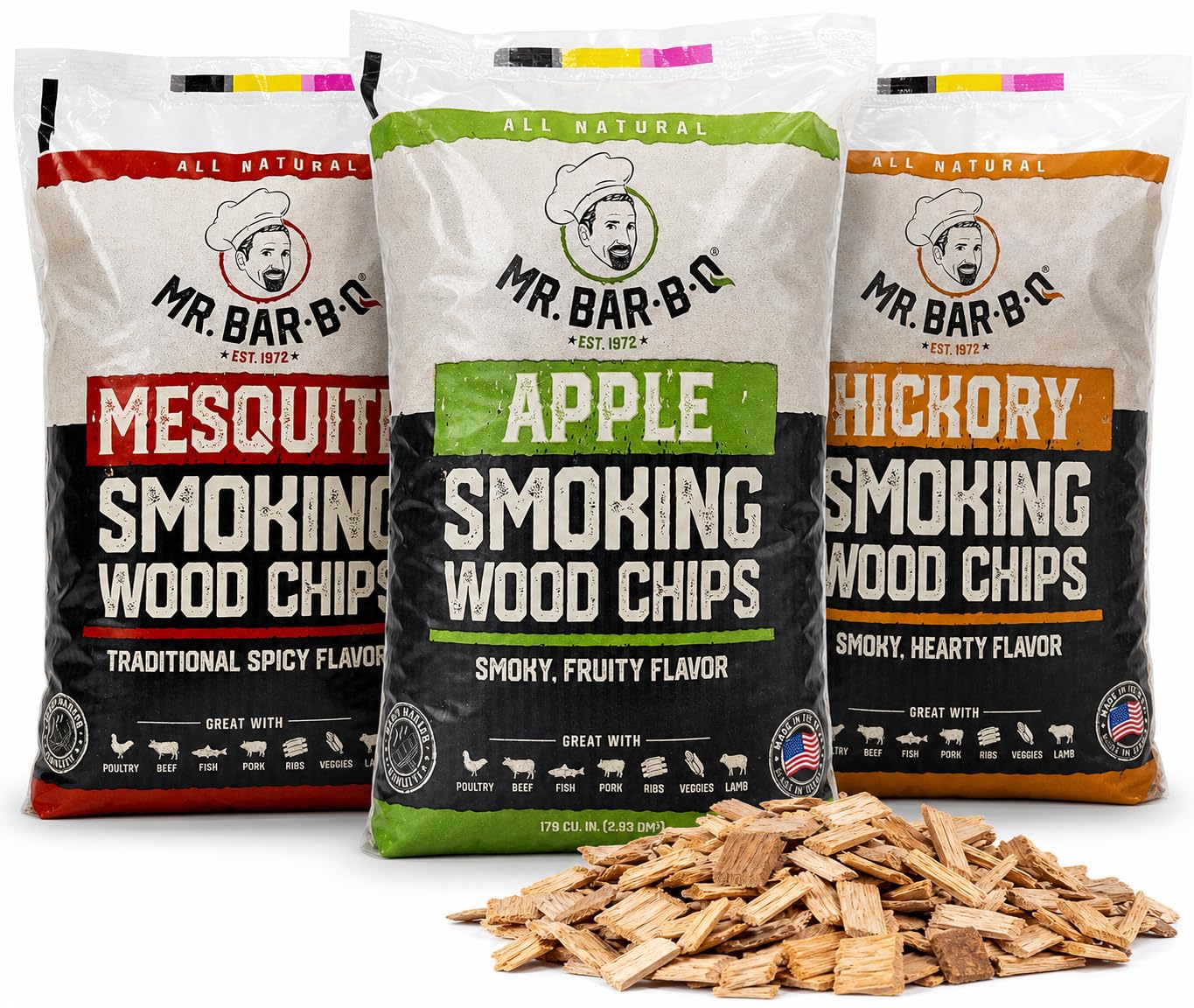 Wood Smoker Chips Bundle of 3 Flavors - Apple, Mesquite &amp; Hickory Wood Chips by Mr. Bar-B-Q, Can be Used on Gas &amp; Charcoal Grill, Variety of Flavors for Smokers, Grilling, BBQ, Camping(3 x 1.8 Lb Bag)