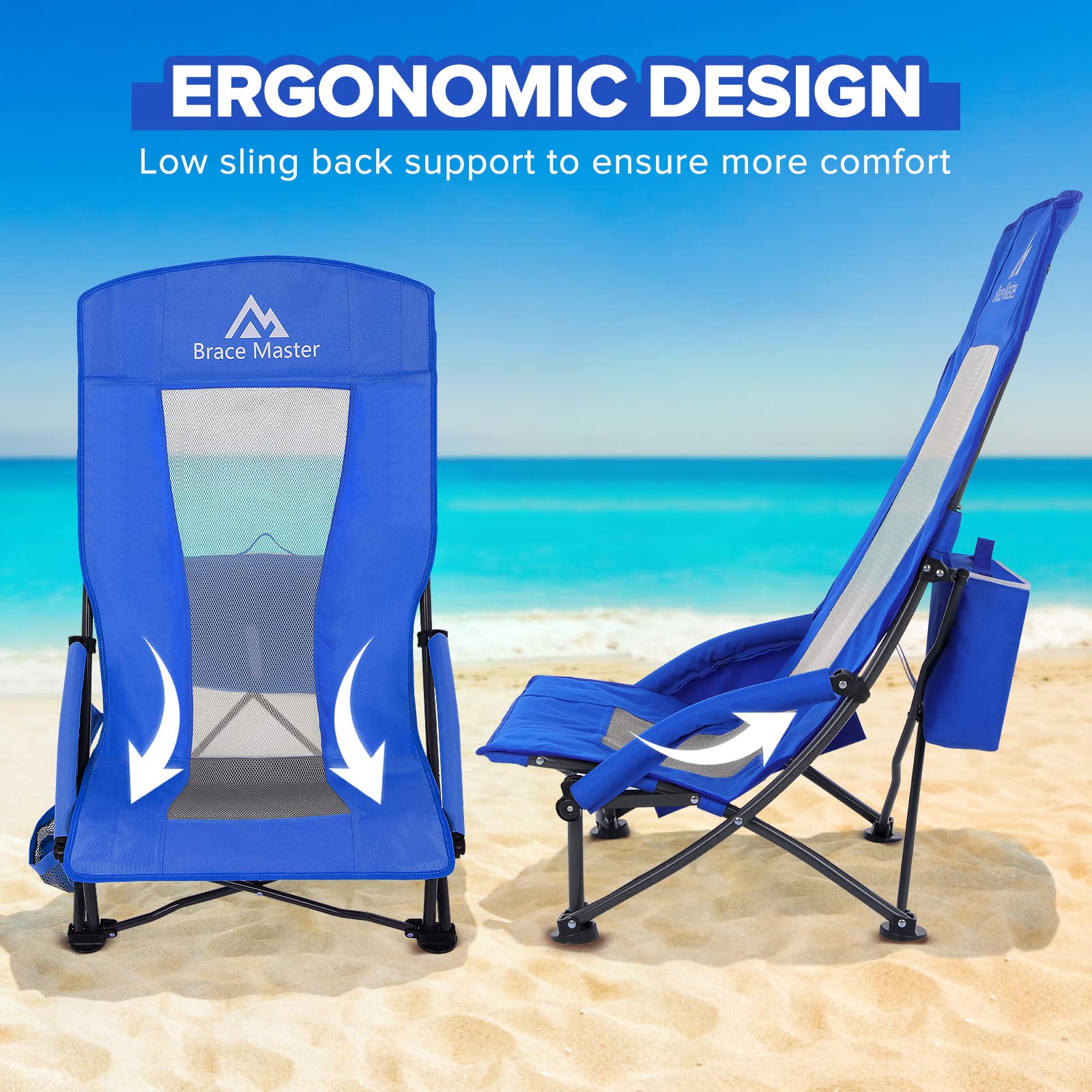 Brace Master Beach Chair Camping Chair,High Back Sand Chairs,Foldable Mesh Back Design with Cup Holder & Cooler & Phone Bag,for Camping,Beach,Picnicï¼ˆBlue 1 Packï¼‰