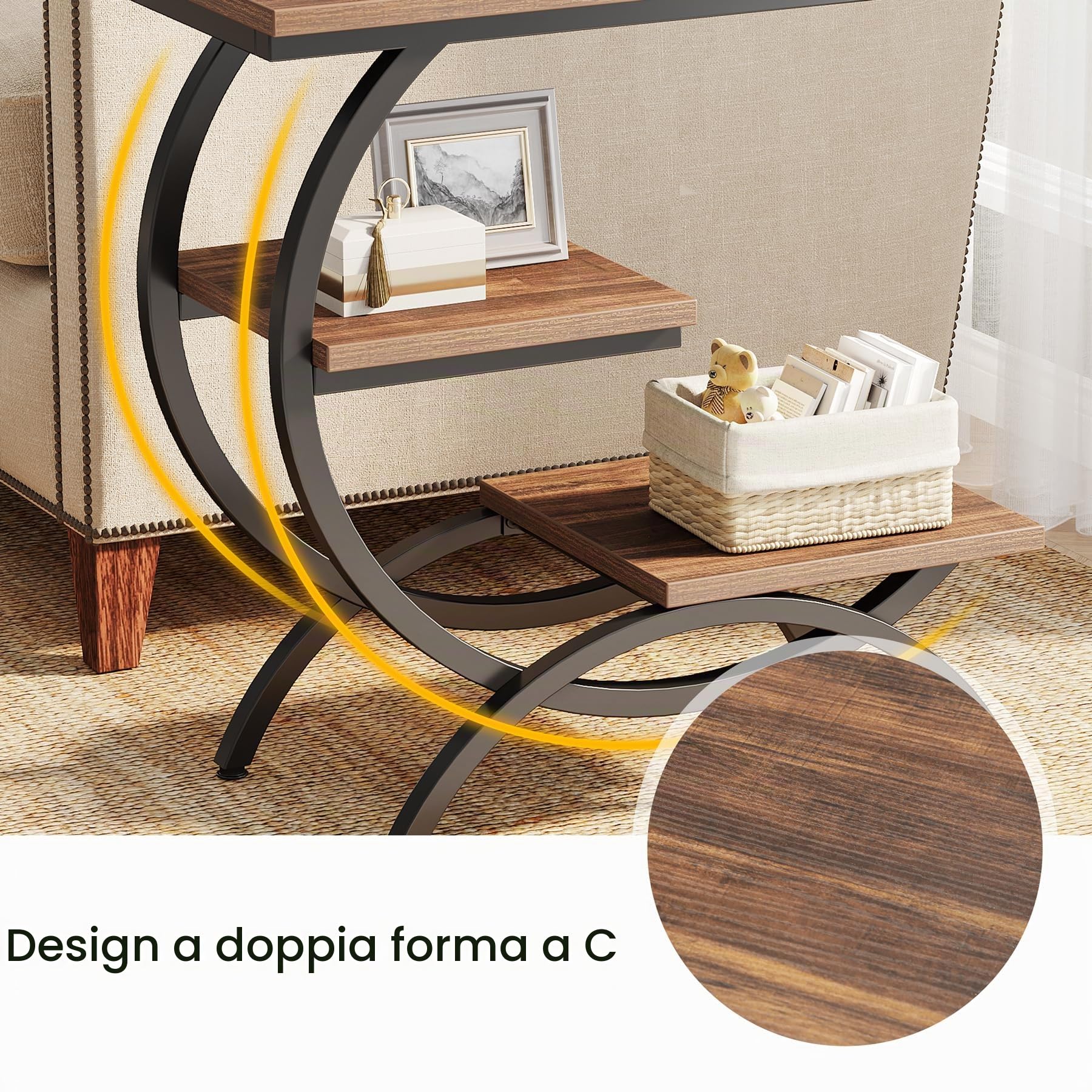 Tribesigns C Tavolino Laterale Versatile A 3 Ripiani Per Divano, Piccolo Comodino In Legno, Tavolino Da Snack Con Ripiani Portaoggetti Per Soggiorno, Camera Da Letto, Piccolo Spazio, Marrone Scuro