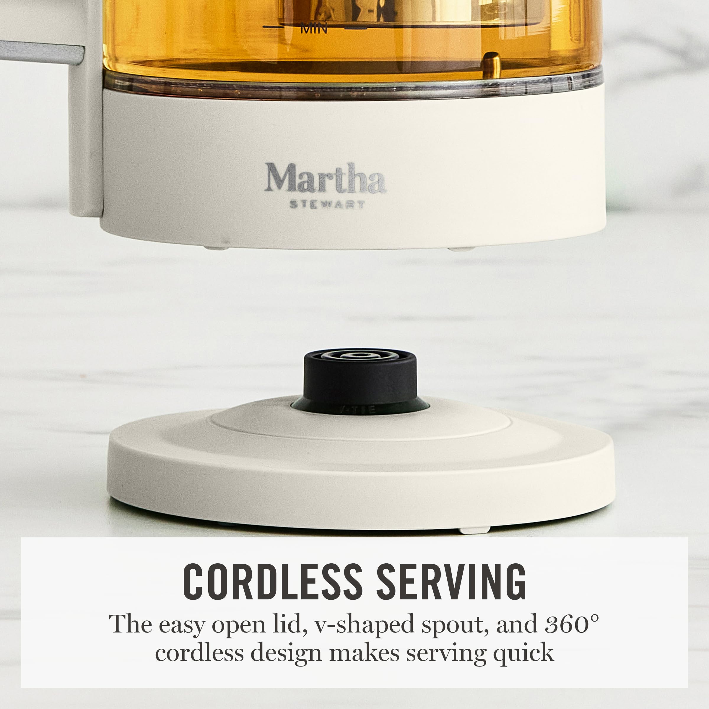 Martha Stewart  Electric Kettle with Removable Stainless Steel Tea Infuser, Glass Carafe 1.7L (7 Cups), Hot Water Boiler, 4 Presets, Keep Warm & Auto Shut-Off, Cordless 360° Swivel Base, Linen White — view 6