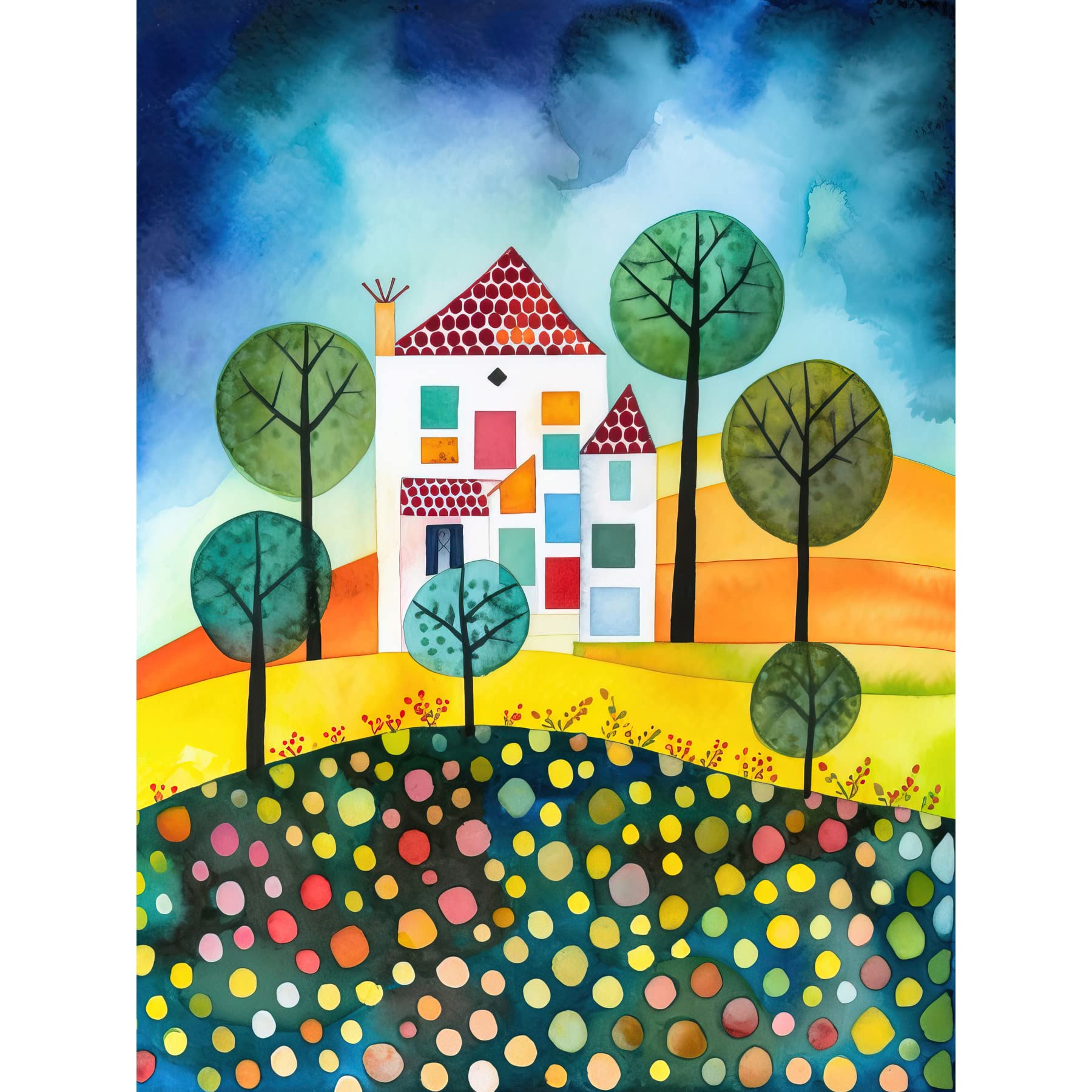 Artery8 Abstract House And Garden Folk Art Large Wall Art Poster Print Thick Paper 18X24 Inch