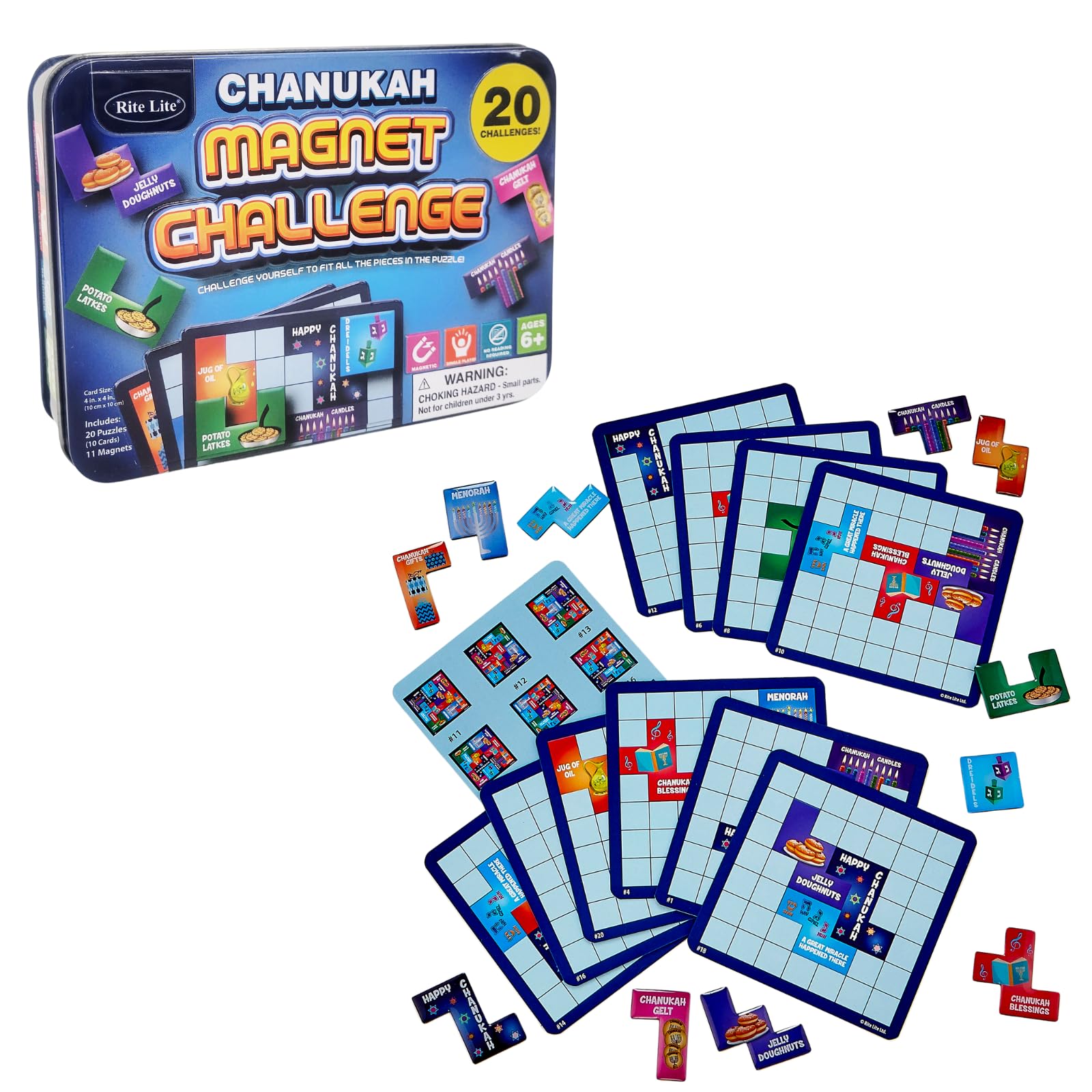 Rite Lite Chanukah Magnet Challenge Puzzle Game - Brain-Teasing Jewish Holiday Game in Collectible Tin, 20 Puzzles & Answer Key - Fun & Educational Hanukkah Gift, Party Favor for Hours of Festive Fun!