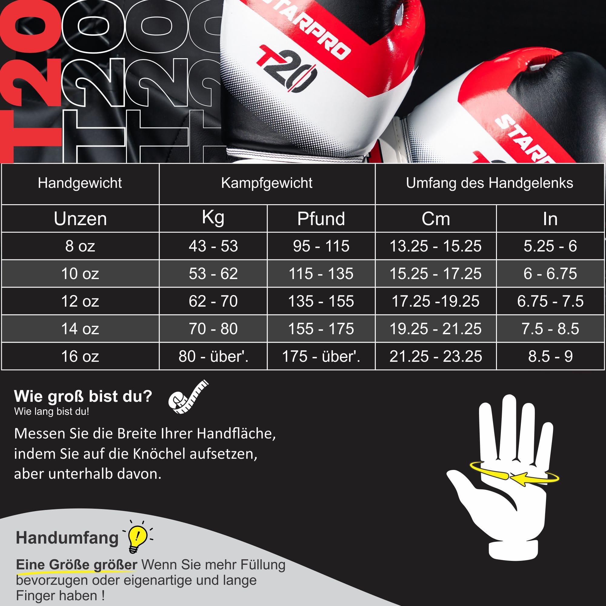 Starpro Boxhandschuhe – Trainingshandschuhe mit Handgelenkstütze – Kickboxen Muay Thai – Männer & Frauen – 10oz, 12 oz, 14 oz, 16 oz