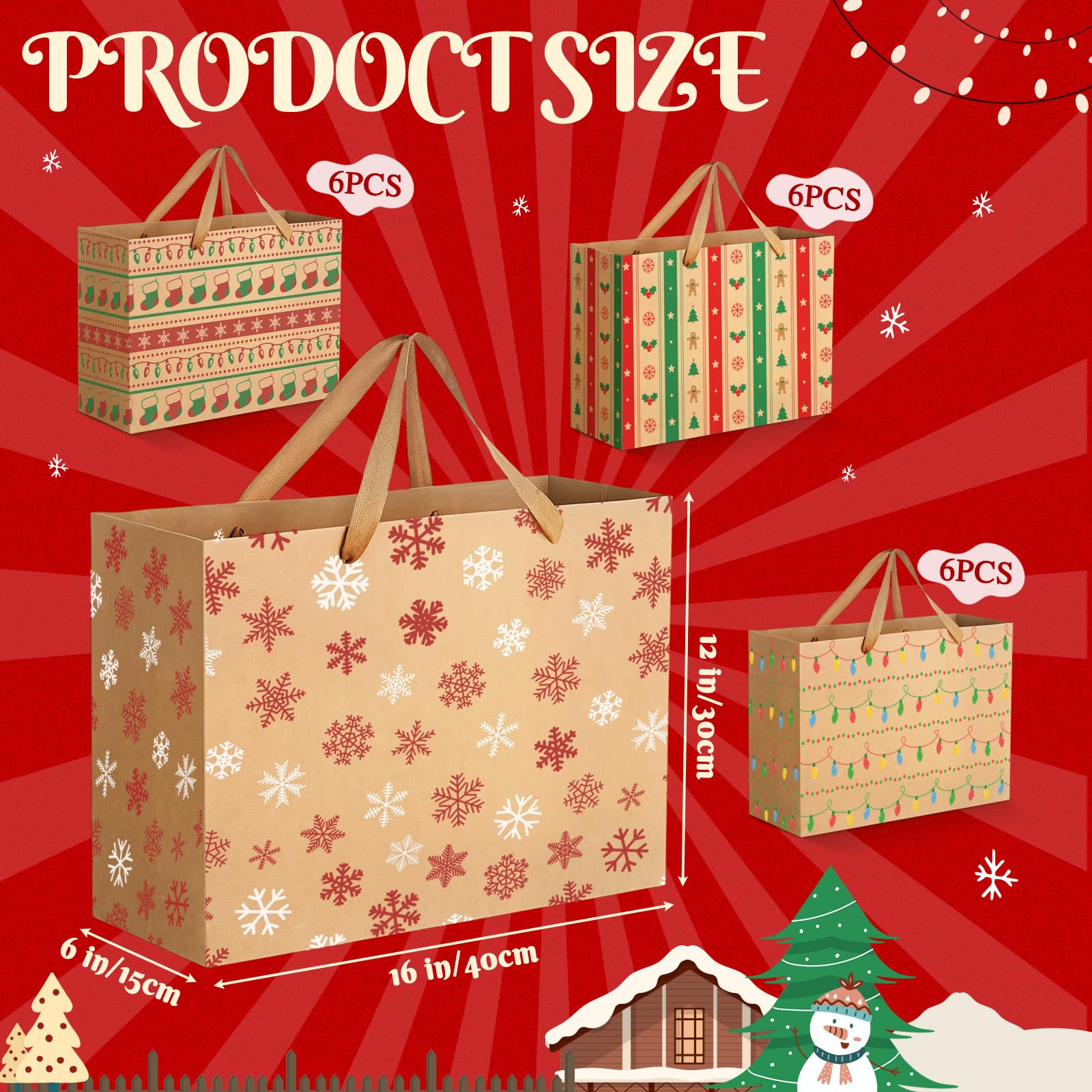 Gueevin Lot de 24 sacs cadeaux de Noël extra larges en papier kraft avec poignée 40,6 x 30,5 x 15,2 cm Jumbo surdimensionnés pour friandises de Noël, bonbons, friandises, fournitures de fête