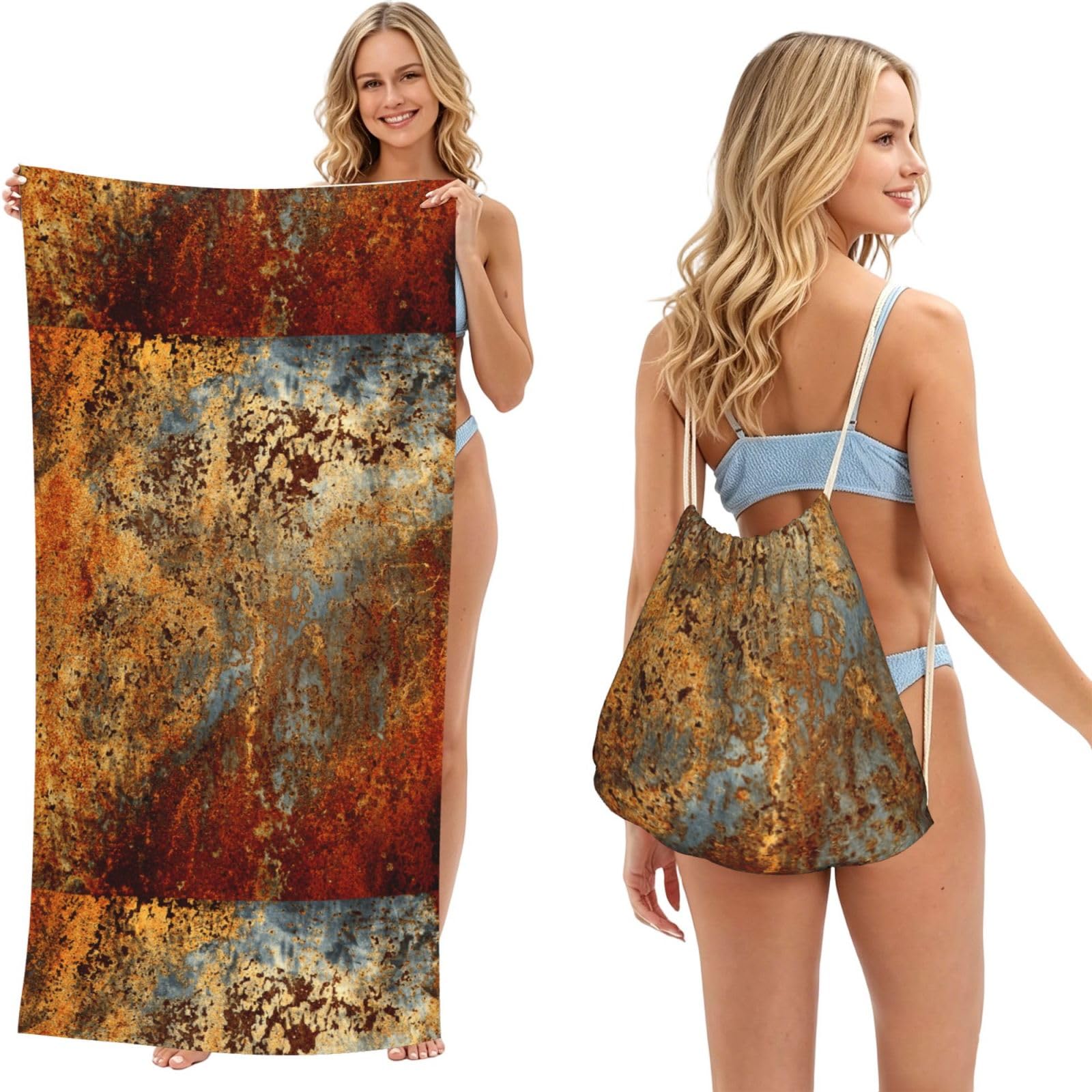 Poadnly As Picture Brown Rust Colorful Metal Rusty, 2 In 1 Packable Towel Bag, Beach Towels With Drawstring Backpack For Travel Holiday Camping