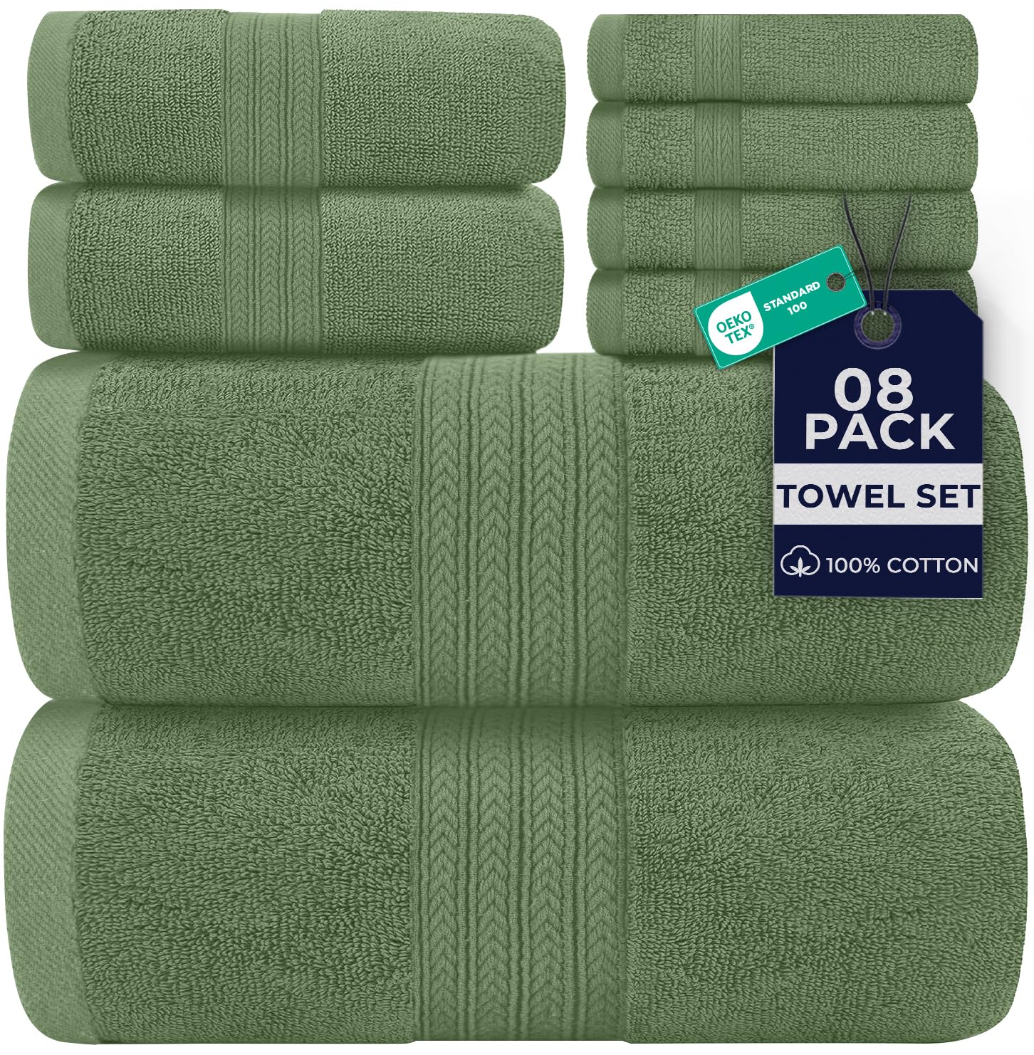 DAN RIVER 8 Piece Luxury Bath Towels for Bathroom, Towel Set, Sage Green