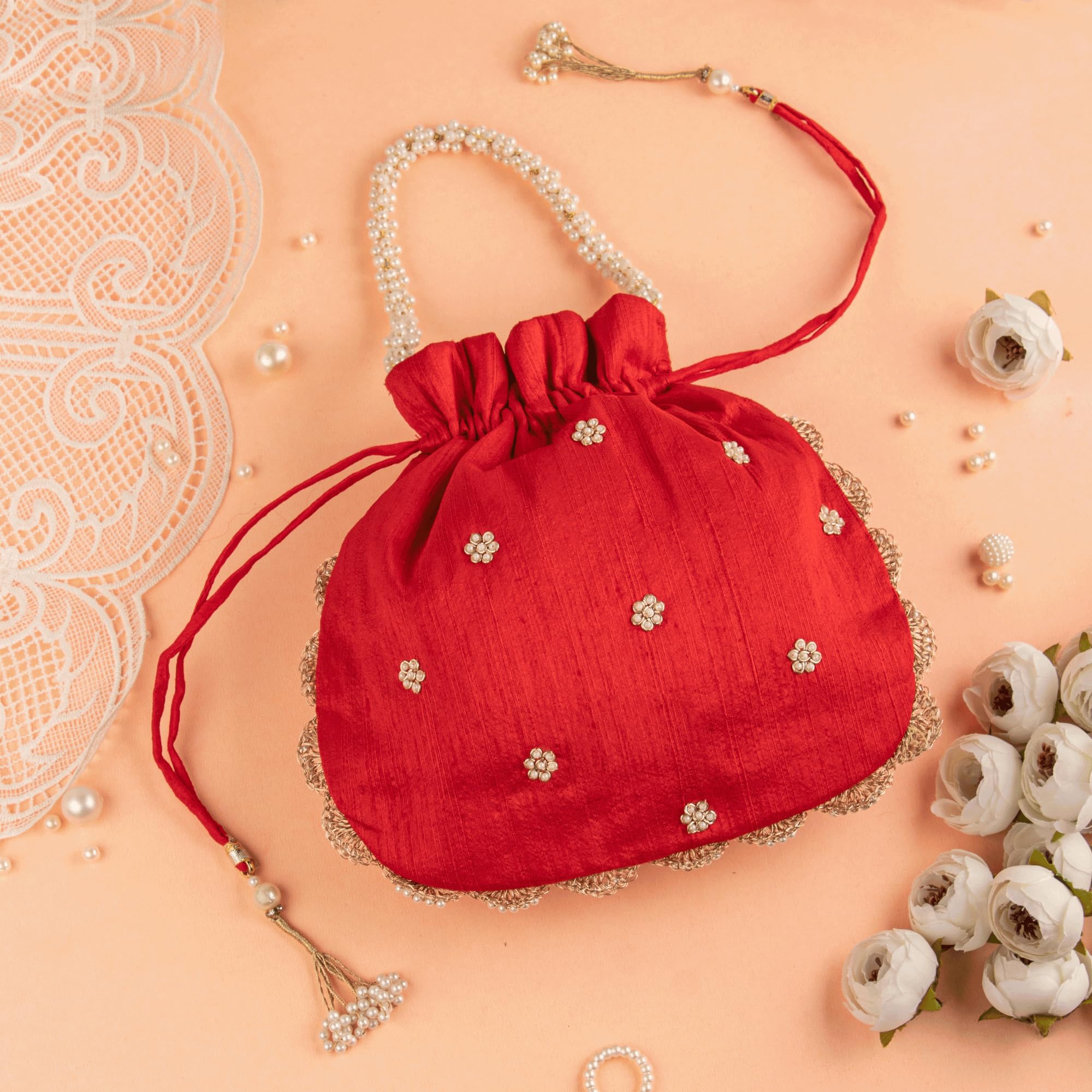 Amayra Luxe Satin Double Buta Handcrafted Potli Bag for Women β Traditional Drawstring Ethnic Purse for Wedding & Festive Occasions (Red) 2