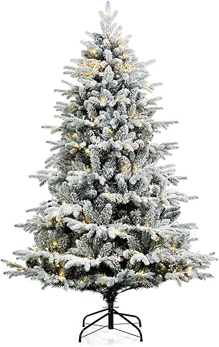 Happygrill Árbol de Navidad flocado de nieve preiluminado de 6 pies con 250 luces LED y 1415 puntas de ramas de polietileno y PVC, árbol de