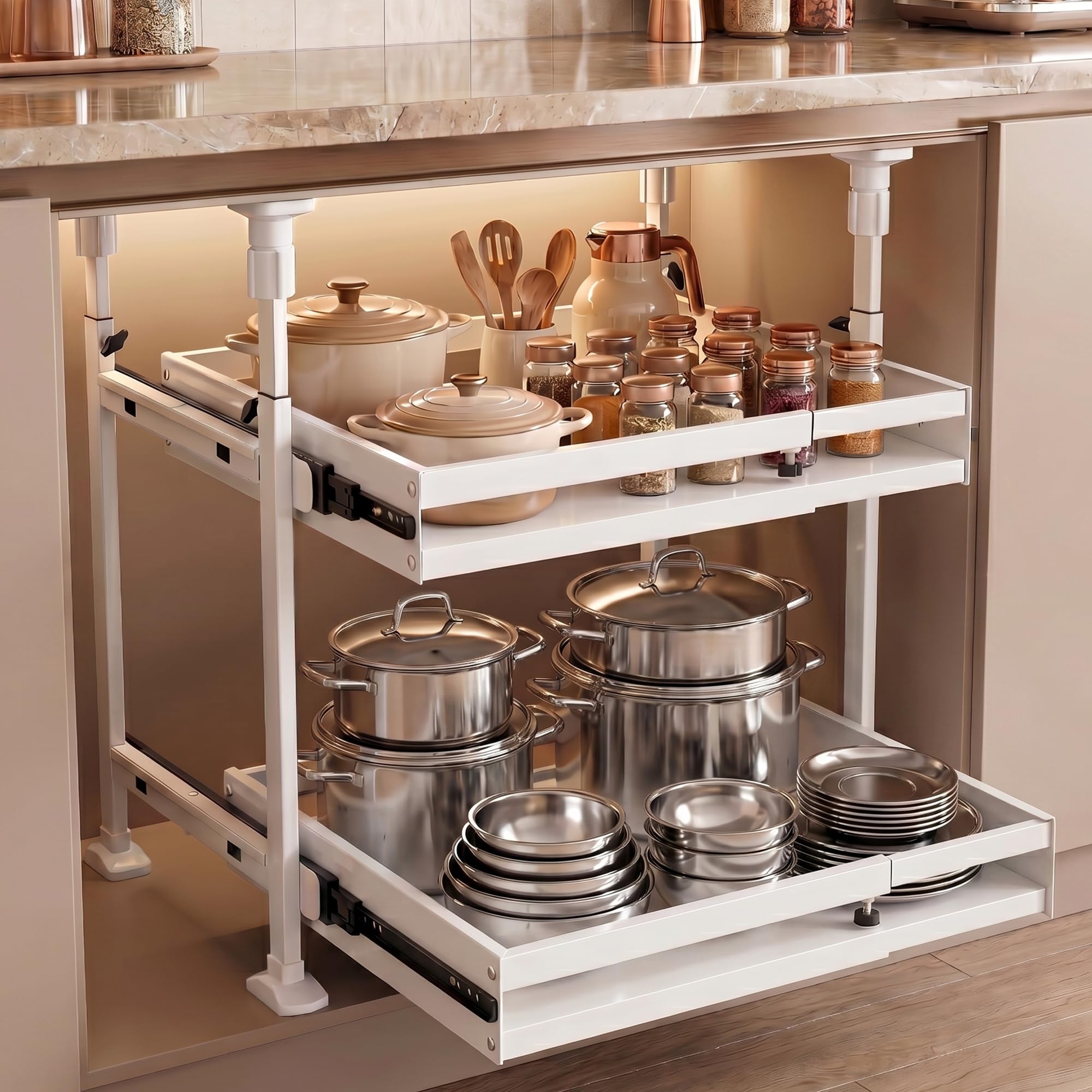 AQRA 2 Stück Teleskopschublade Küche ohne Bohren und Kleben, Auszug Küchenschrank, Höhenverstellbar 52.5–93 cm und Breitenverstellbar 33–52 cm, Metall Ausziehbare Schrankkorb für Küche, Bad, Weiß