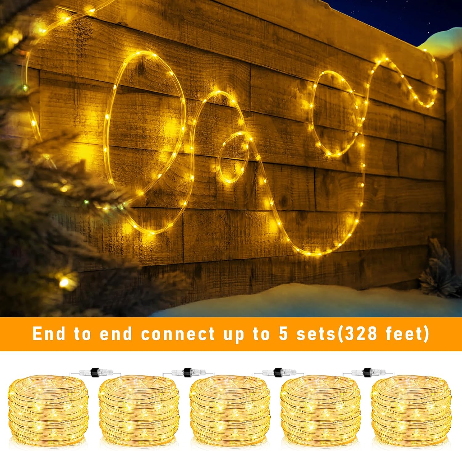 66FT 200 LED Rope Lights for Outside, Warm White Rope Lights Indoor Waterproof with 8 Modes, Plug in Connectable Flexible Tube Lights for Outdoor Bedroom Patio Pool Camping Party Decorations
