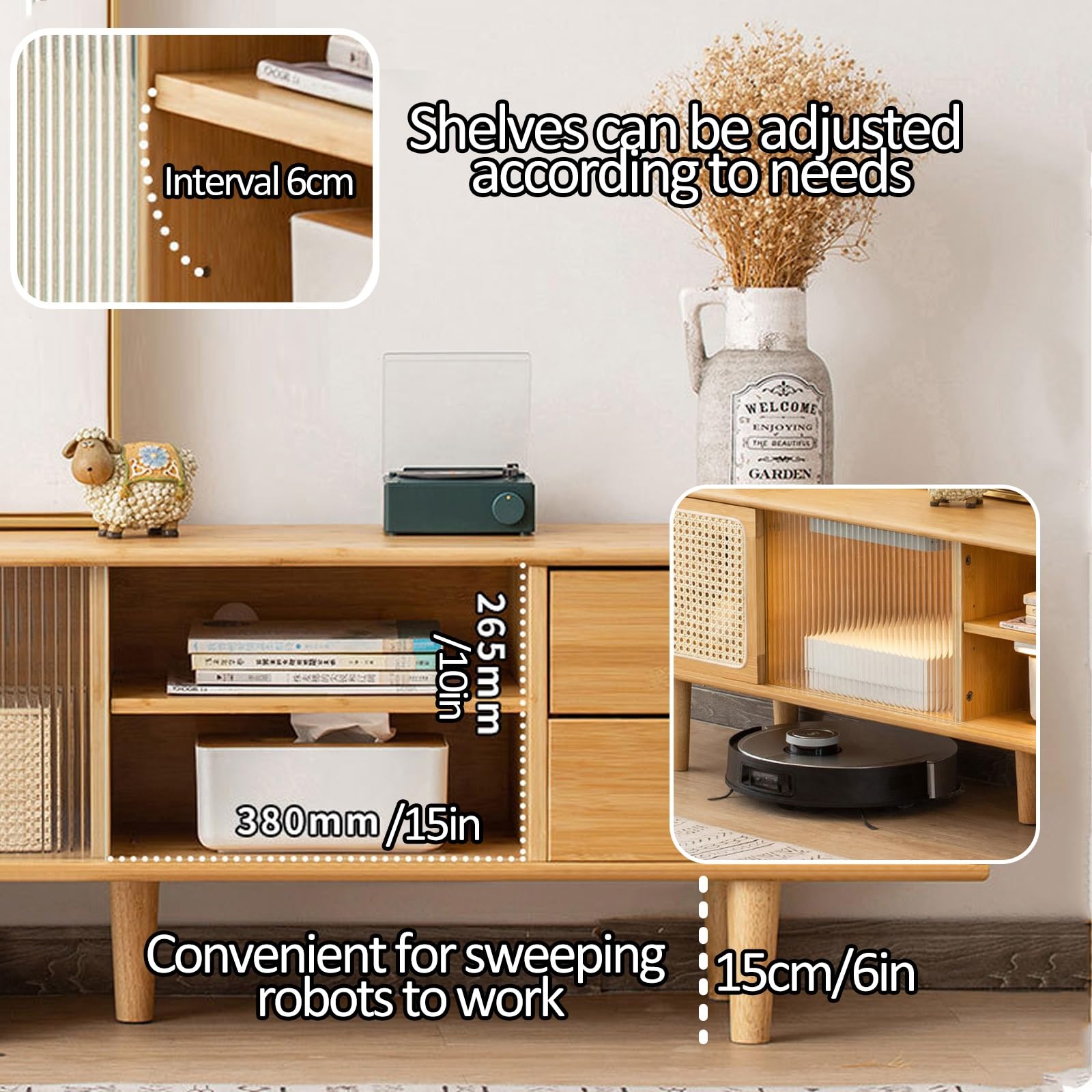 FQWYNMZ Bambus Tv Schrank fr 55+-Zoll-Fernseher, Tv Board mit Natrlichen  Rattan-Schiebetren und Verstellbarem Regal, Moderner ...