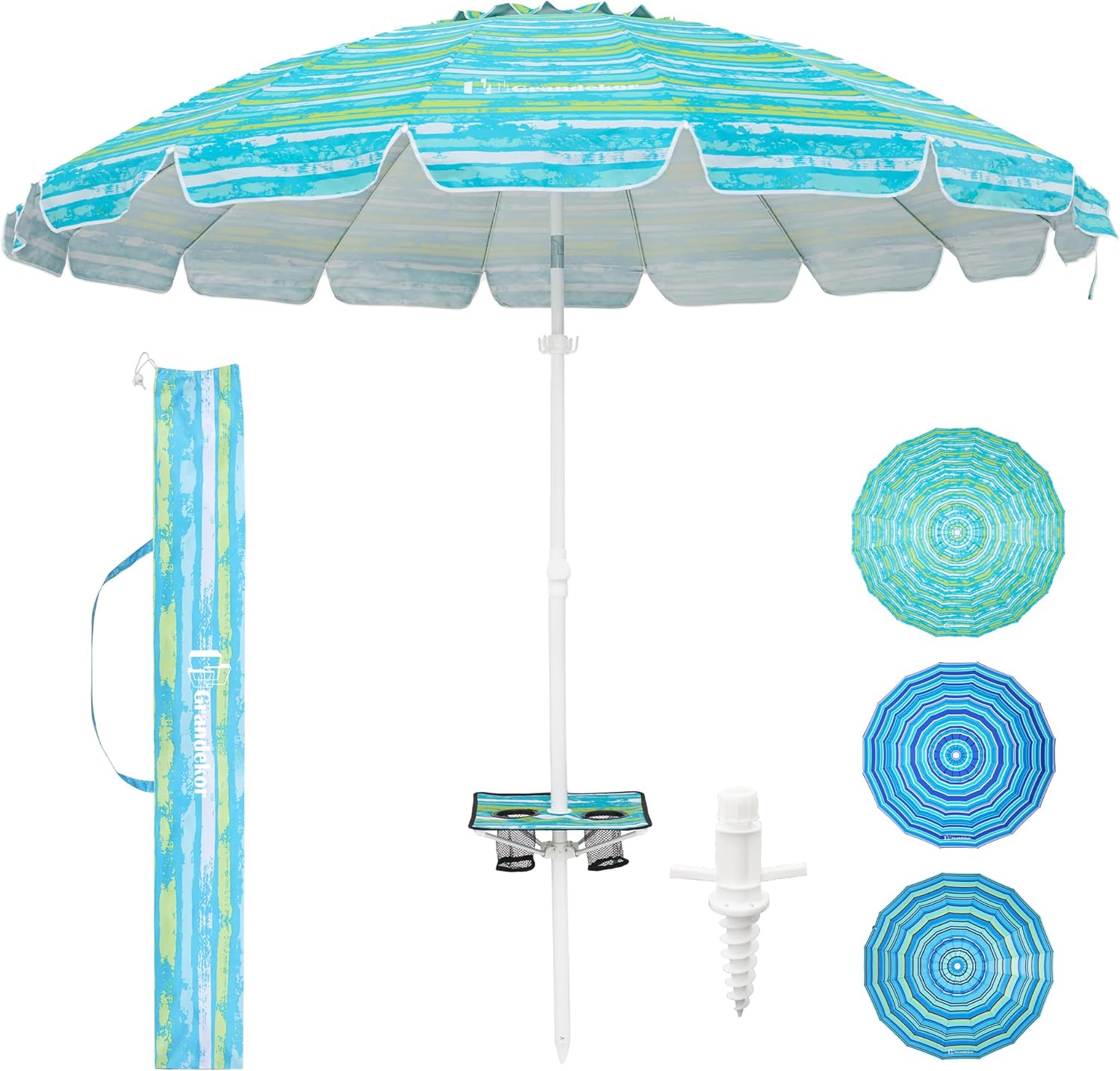 grandekor 8ft beach umbrellas for sand heavy duty wind portable beach umbrella with table travel beach umbrella with carry bagsun umbrella beach, uv 50+,enlarged sand anchor green--enlarged sand anchor