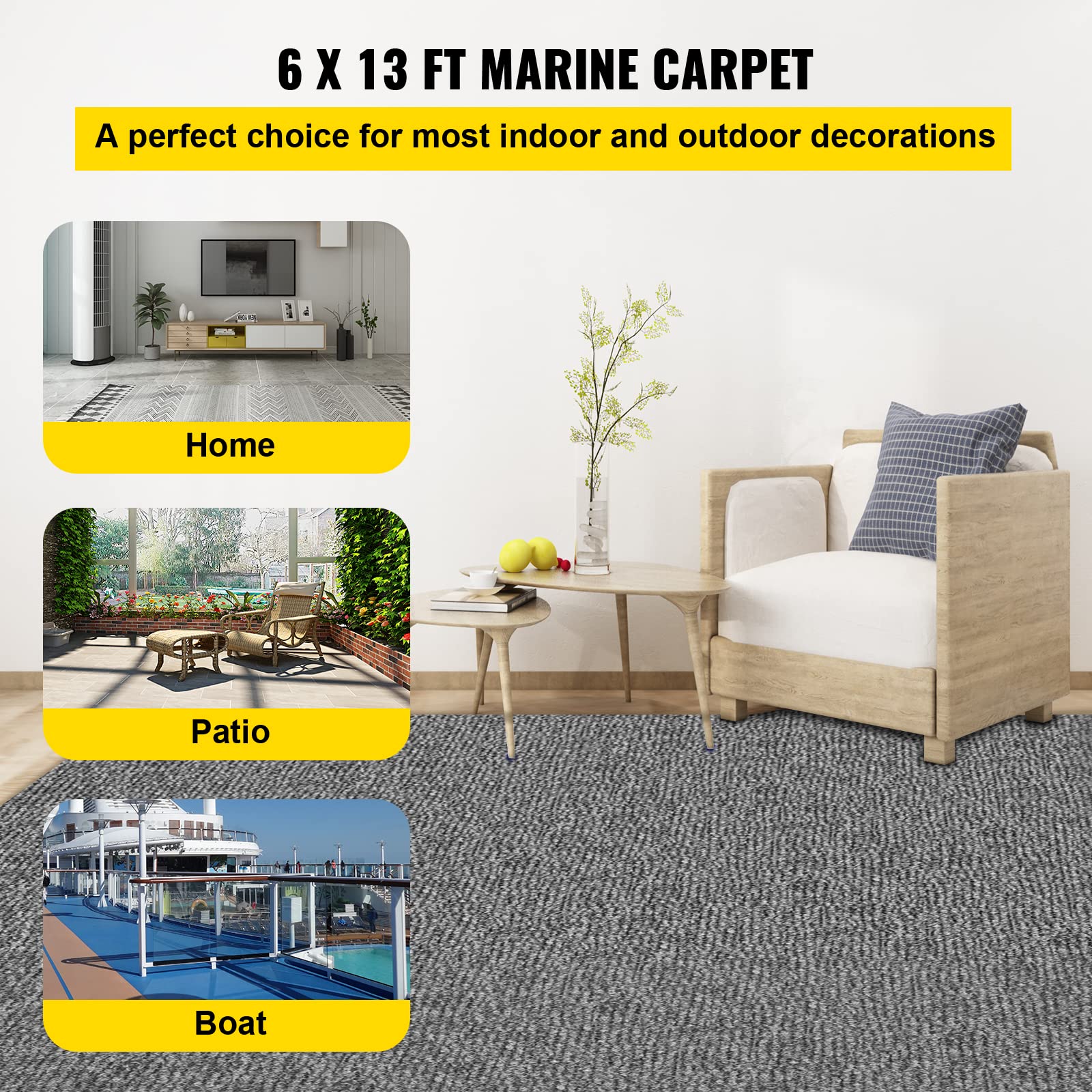 VEVOR Alfombra de Poliéster de 1,8 x 4 m, Alfombra para Terraza y Patio Antideslizante, Espesor de 4,6 mm, Alfombras Marinas para Exteriores Baños Porche A Prueba de Agua de TPR Gris, Fácil de Limpiar