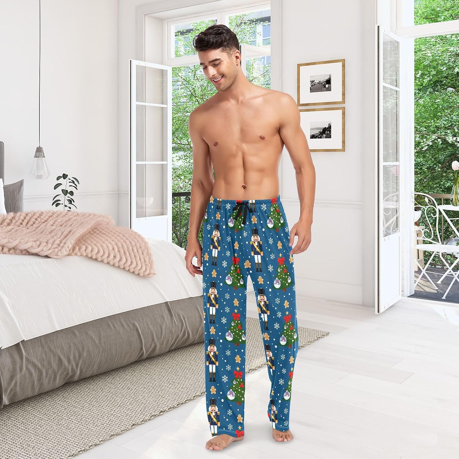 ALAZA Christmas Tree Gingerbread Nutcracker Men's Pajama Pants Men Cotton Pajama Bottoms with Pockets, S