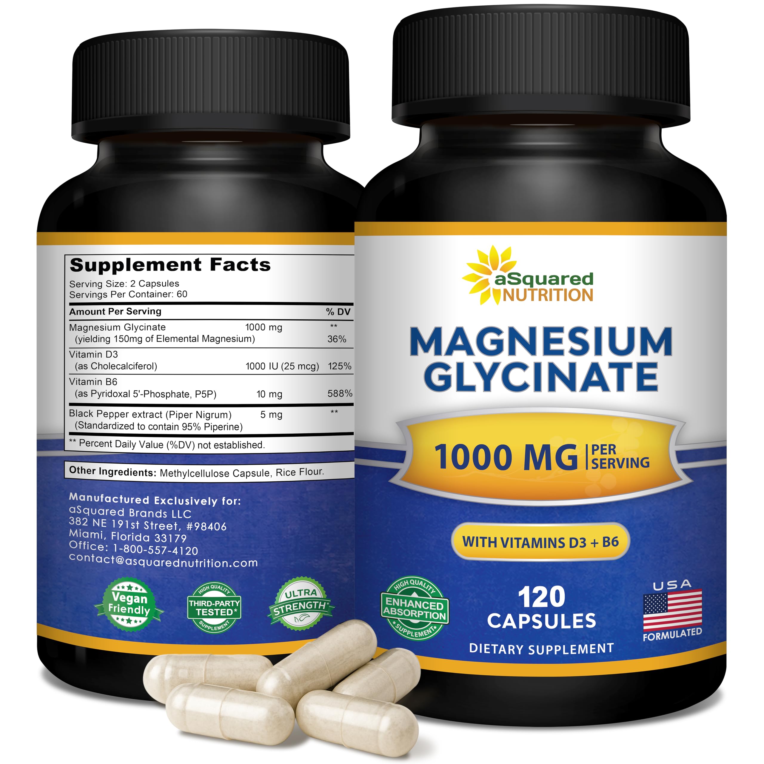 Magnesium Glycinate 1000mg with Vitamin D3 & B6-500mg per Capsule - Pure Elemental Mag Supplement Complex for Sleep, Muscle, Bone Health - Replace