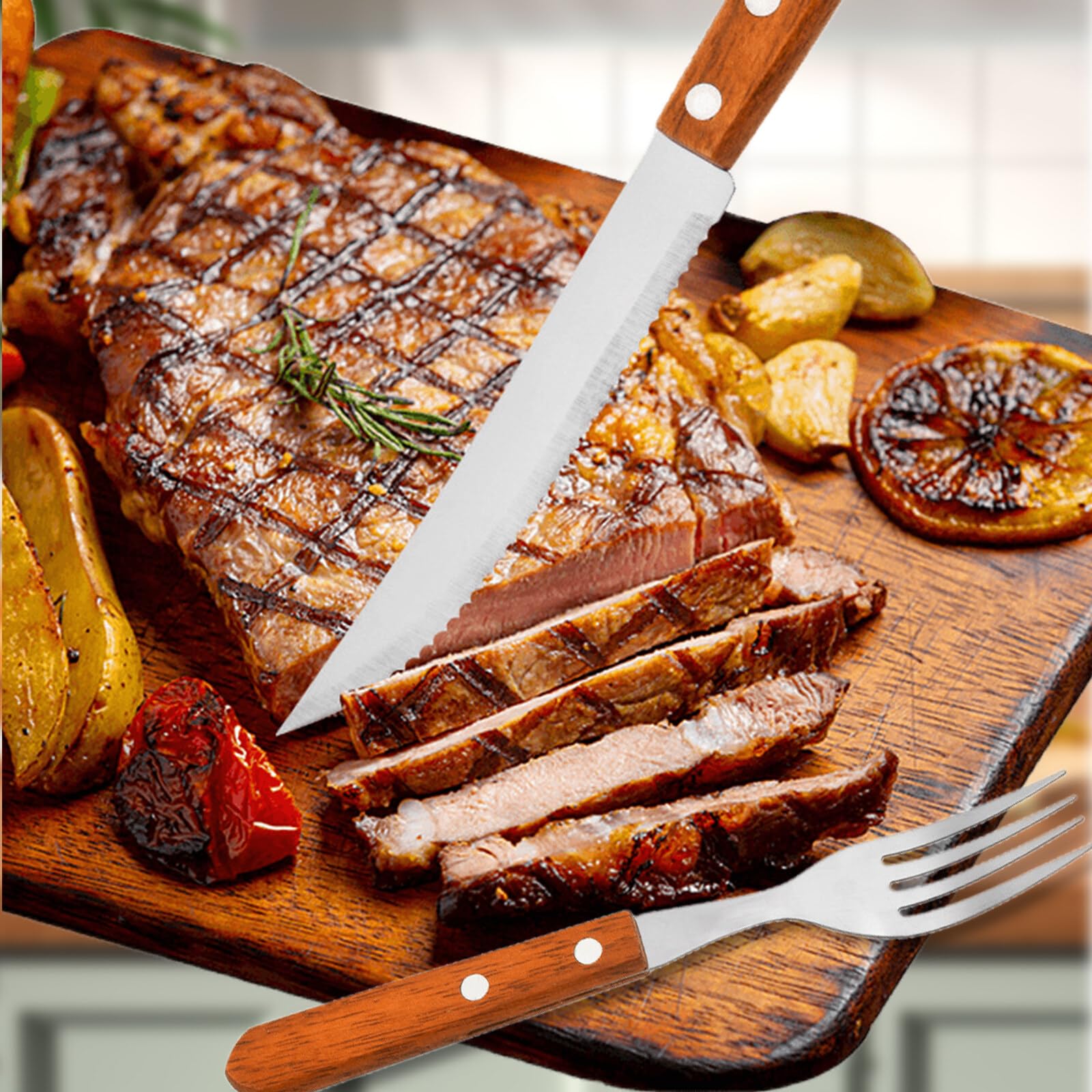 BAIFULAI Lot de 24 couverts pour steak, en acier inoxydable, avec manche en bois, set de couteaux et fourchettes à steak, pour 12 personnes