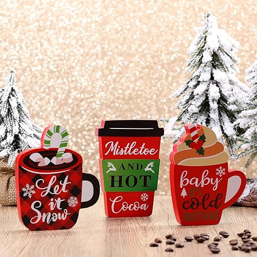 Miniatura 5 de 3 letreros de madera de Navidad en bloque de madera de café de Navidad, decoración de mesa para Navidad, vacaciones, cumpleaños, fiestas temáticas