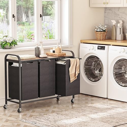 Miniatura 9 de Cesta de lavandería con estante, organización de lavandería, 3 x 46 L, bolsas extraíbles y extraíbles con calcomanías de letras, marco de metal,