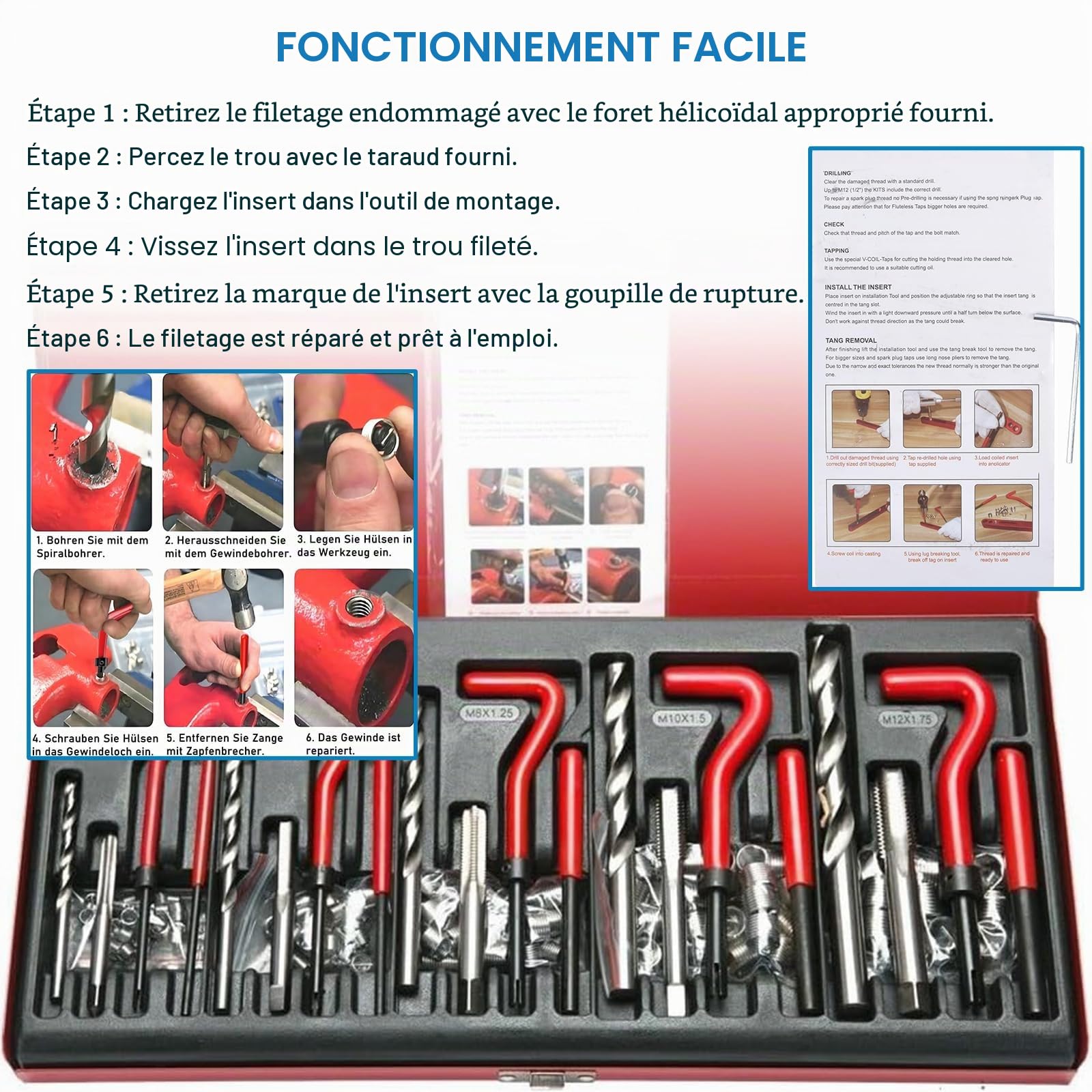 131 Pièces Kit de Réparation de Filetage - Kit de Réparation de Vis Helicoil - Remplacement pour M5 M6 M8 M10 M12