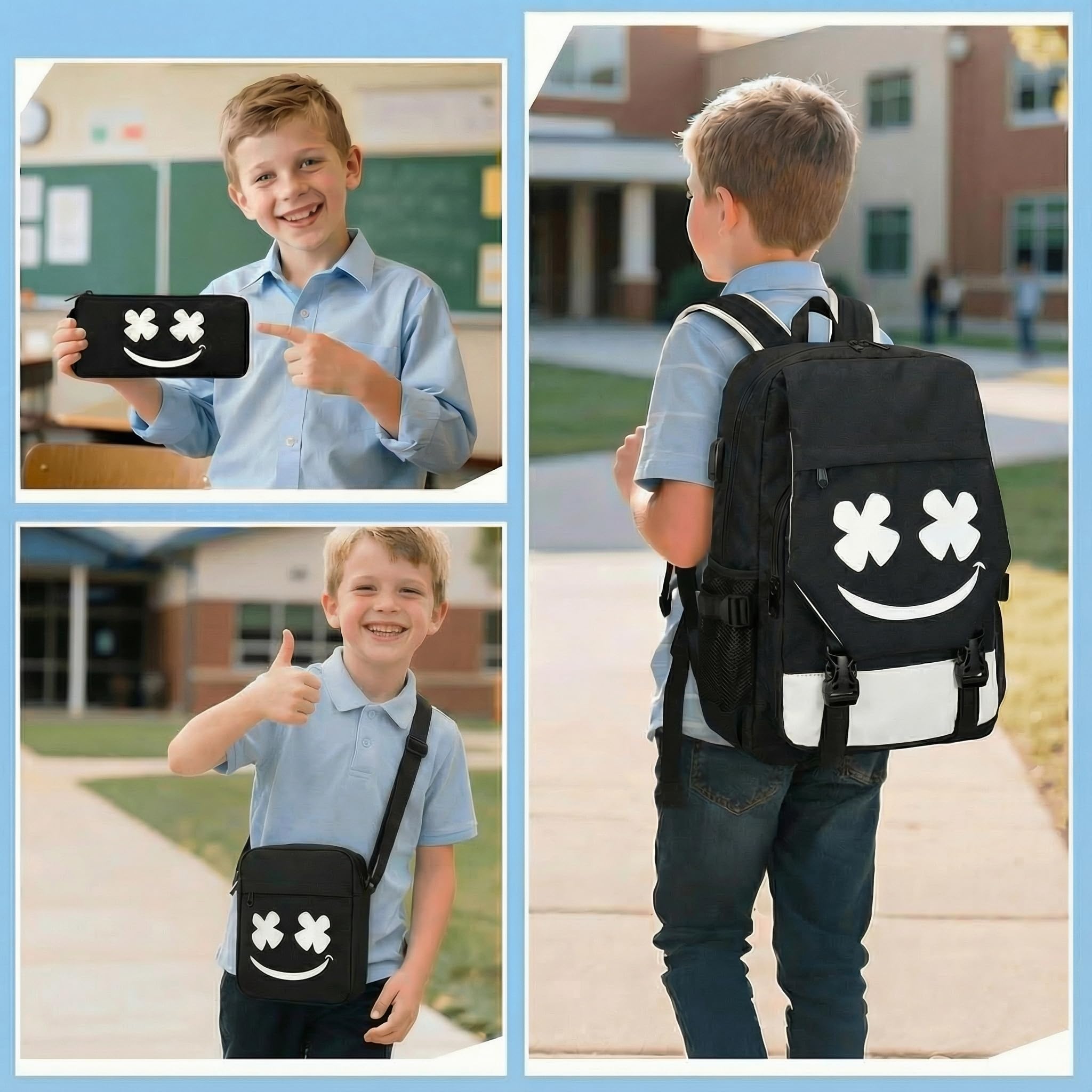 Zaino per la scuola 3 in 1, per ragazzi e ragazze, per la scuola, per ragazzi, per la scuola, riflettente, grande, impermeabile, set di borse a tracolla, astuccio e borsa a tracolla