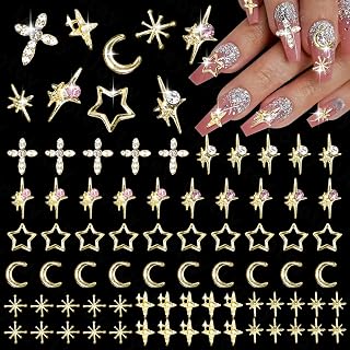 70 Pcs Gold Star Nail Charms for Acrylic Nails, Gold Star Cross Nail Charms and Gems, Shiny Y2K Star Moon Alloy Nail Charms for Nail Art Supplies Manicure Craft DIY