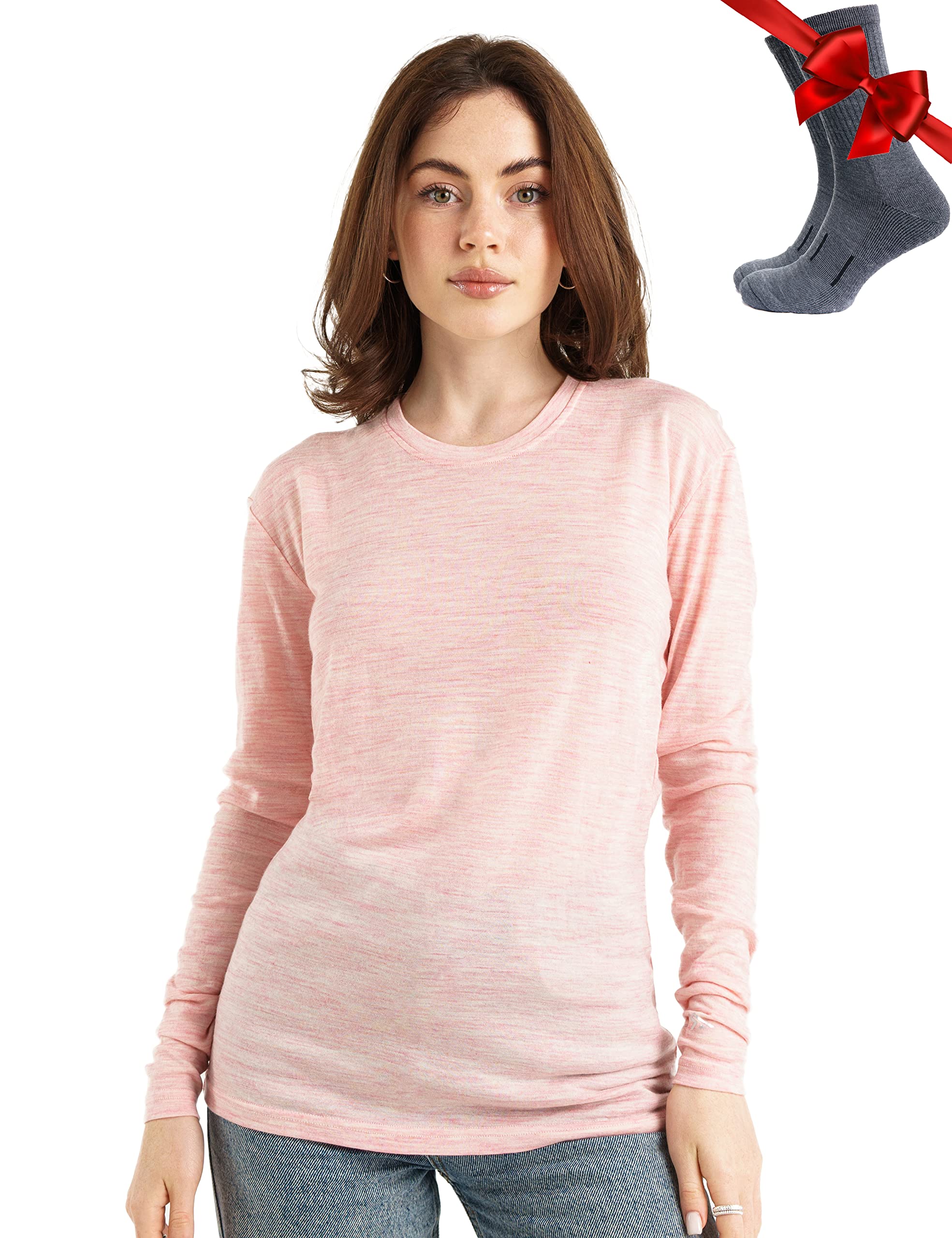 Merino.tech Women's 165 Pink Heather Merino Wool Base Layer — 100% Merino Wool Long Sleeve Thermal Shirts Heavyweight, Midweight, Lite + Wool Socks (X-Large, )