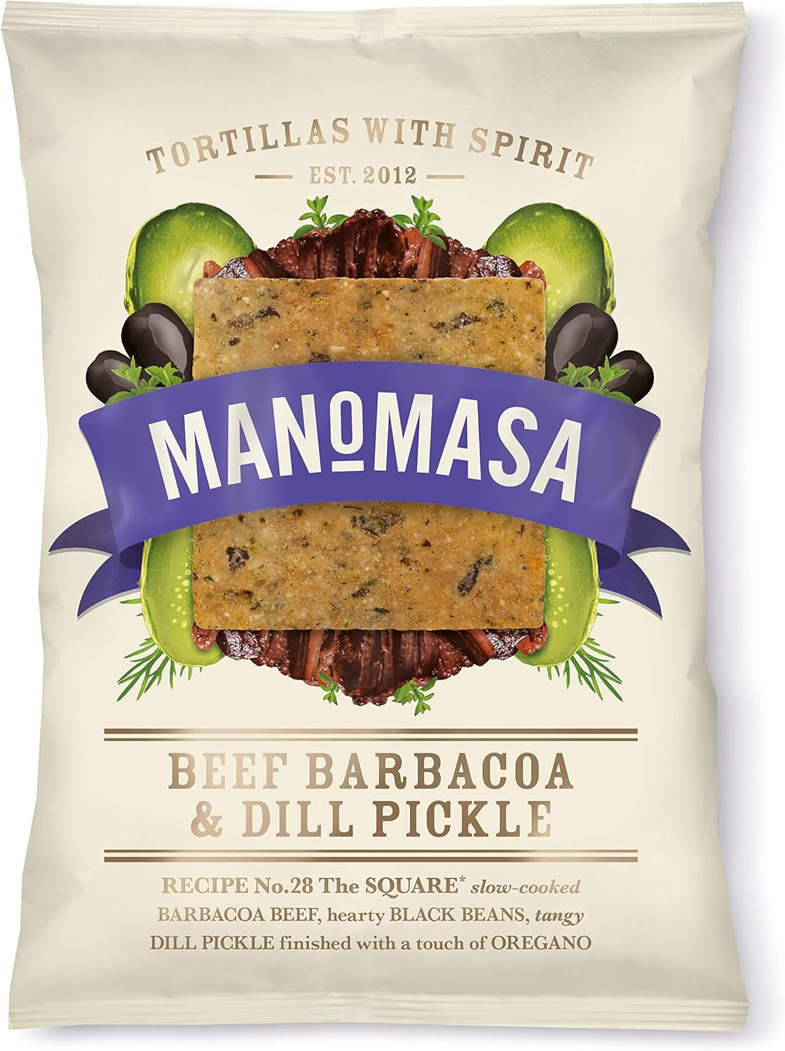 Manomasa Beef Barbacoa & Dill Pickle Tortilla Chips 160g (Pack of 12