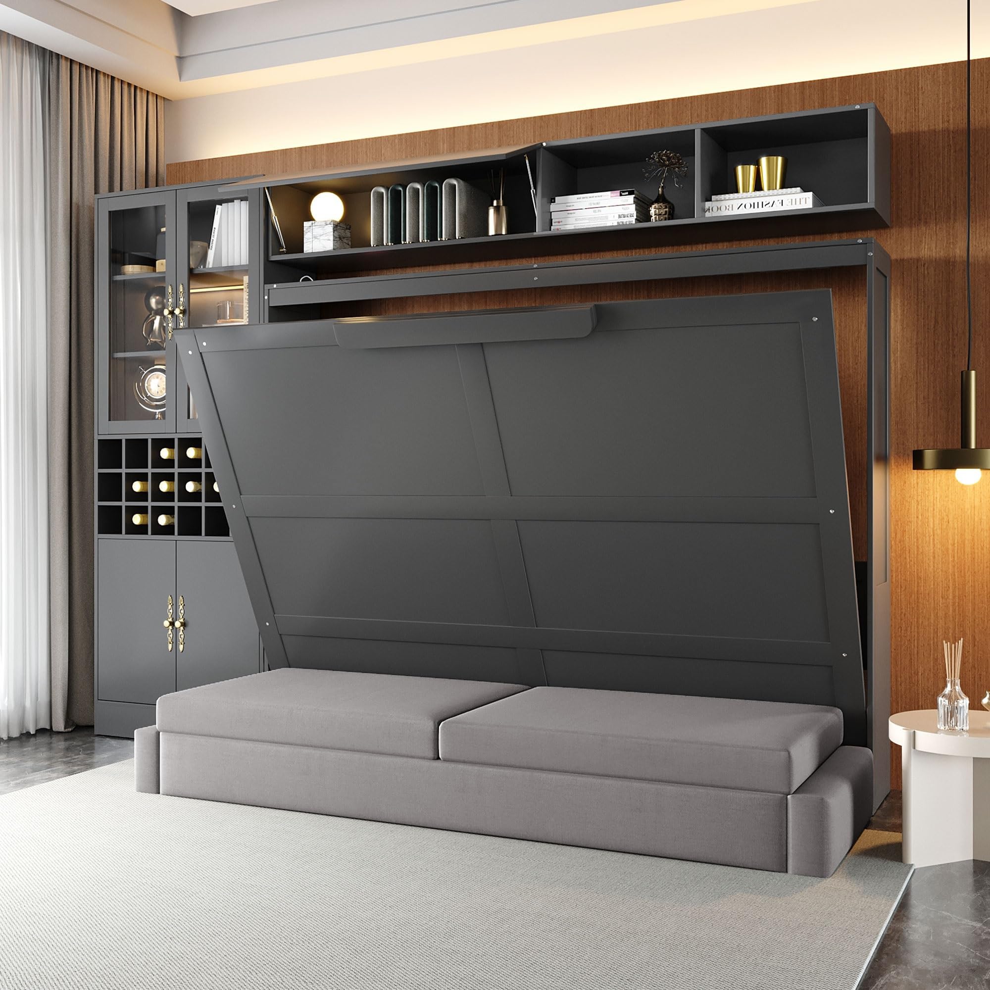 Queen Murphy Wall Bed with Sofa and USB, Multifunctional Foldable Wall Platform Bed with Storage Shelves and Light, Murphy beds with Wine Cabinet, Gray