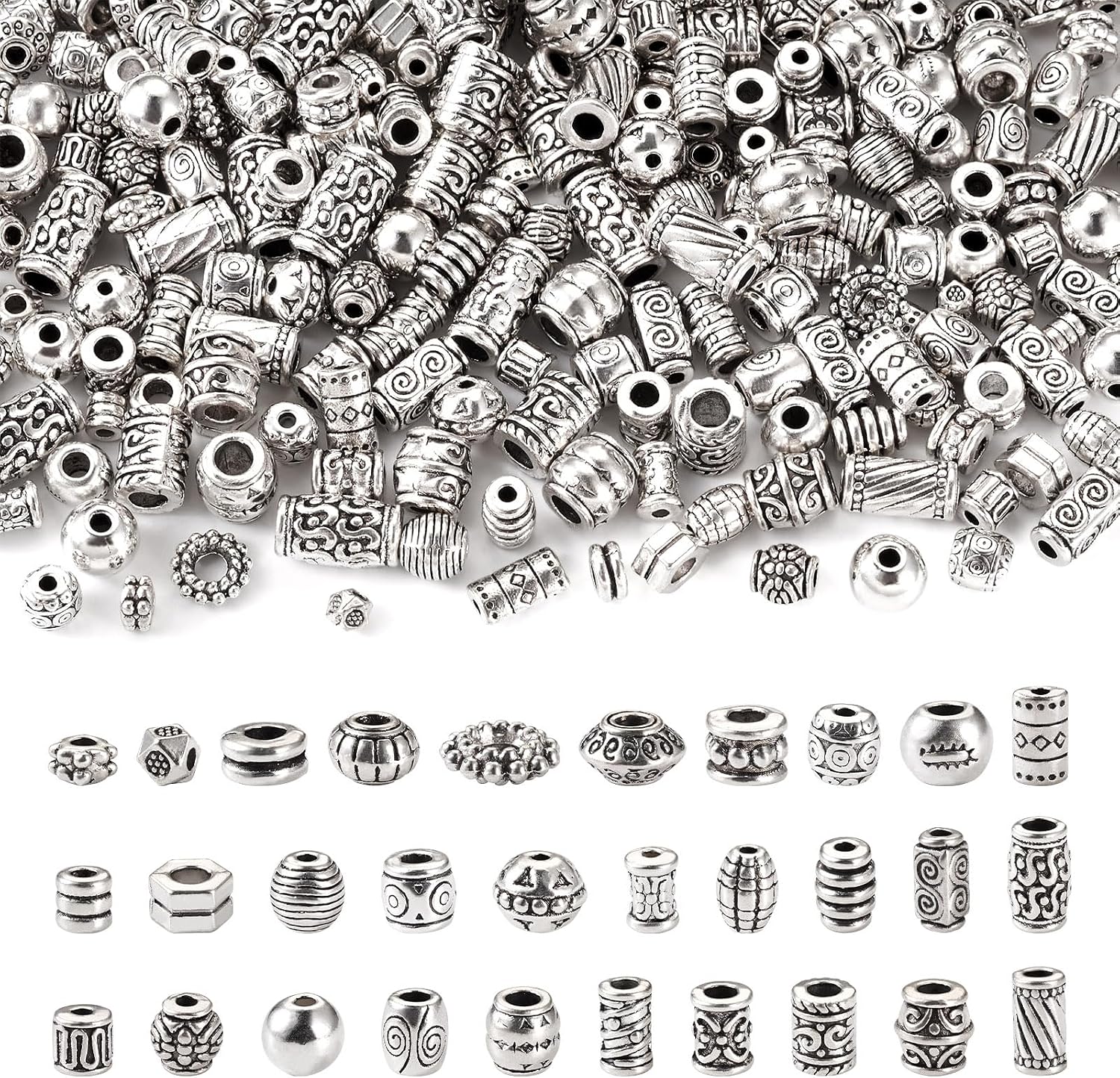 Craftdady 300Pcs Antique Silver Large Hole European Beads Tibetan Style Rondelle Column Bicone Drum Oval Round Cuboid Spacer Beads Assorted Metal Beads for DIY Bracelet Necklace Jewelry Making