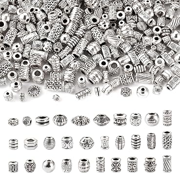 300Pcs Tibetan Spacer Beads Antique Silver Column Tube Barrel Round Alloy European Beads Metal Assortments 3-12mm for Bracelet Necklace Earring Jewelry Making