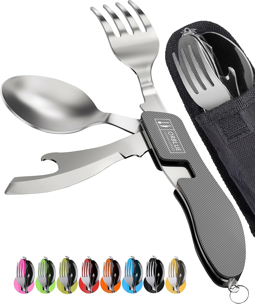 Orblue Utensilios de Camping 4 en 1, Paquete de 2 – Juego Combinado de Cuchara, tenedor, Cuchillo y abridor de Botellas portátil de Acero Inoxidable – Multiherramienta para Viajes y Mochileros, Gris