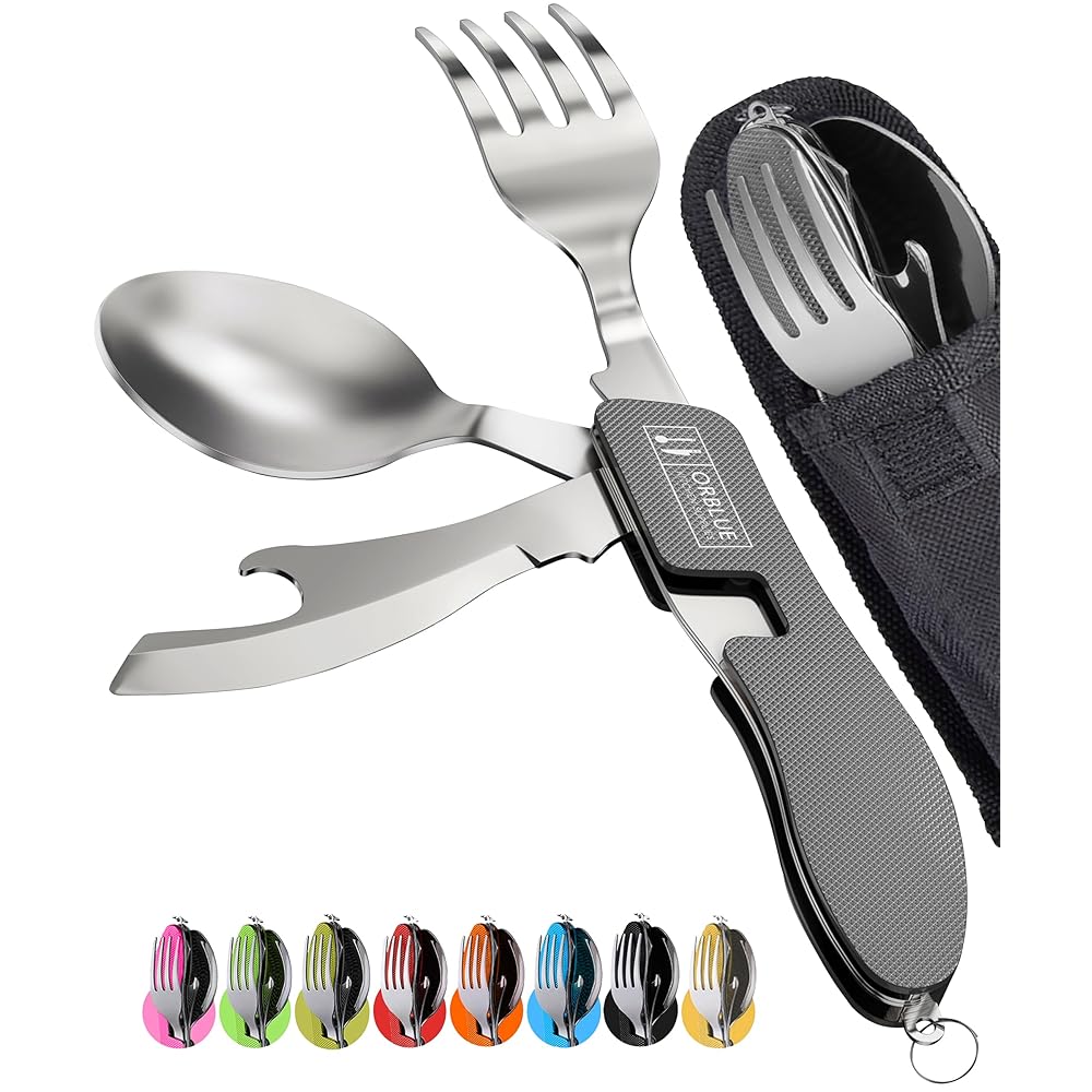 Orblue 4-in-1 Camping Utensils, 2-Pack - Portable Stainless Steel Spoon, Fork, Knife & Bottle Opener Combo Set - Travel, Backpacking Cutlery Multitool, Gray