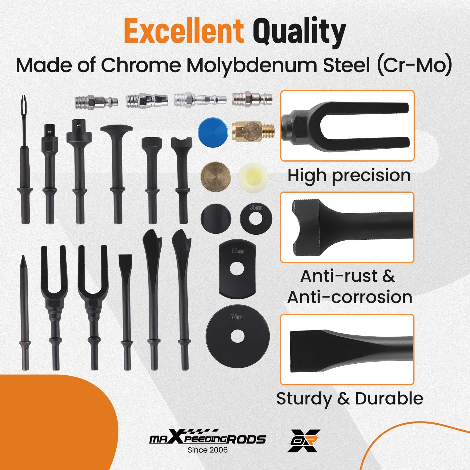 maXpeedingrods Kit de burin pneumatique, ensemble de marteau pneumatique multifonctionnel, 2100 BPM, jeu de 10 cm, 19 pièces