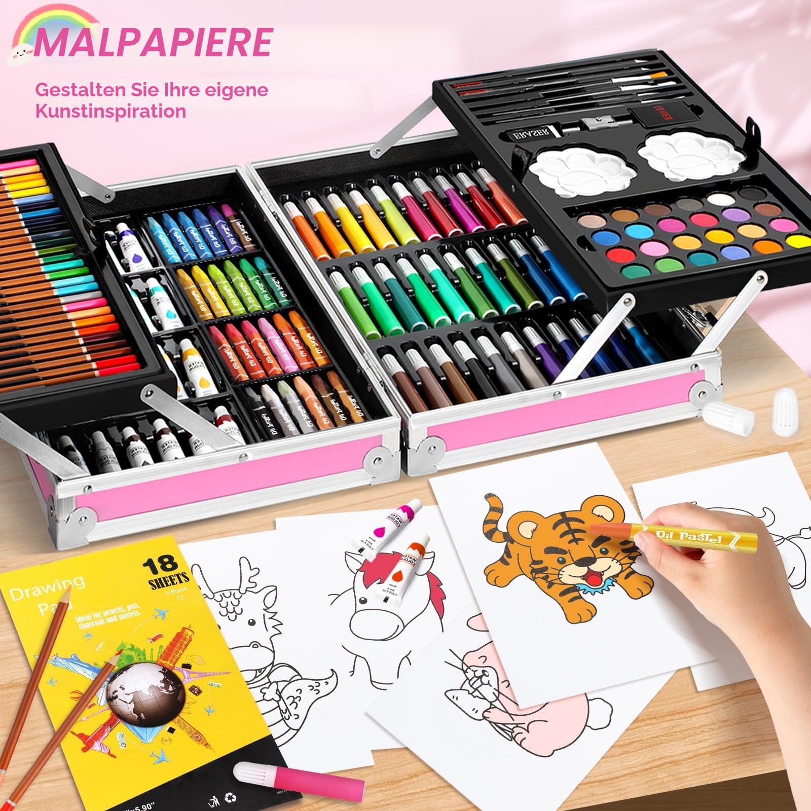 Spardar 145-teiliges Malkoffer für Kinder, für Kinder, Anfänger, Künstler | Malset Deluxe mit Aluminiumbox, Zeichenset mit Ölpastellkreiden, Buntstiften, Markern, Aquarellkuchen usw.