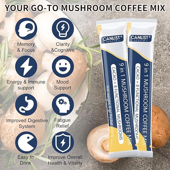 CANLIST Organic 9 in 1 Mushroom Coffee Powder with Lion's Mane & Chaga,Cordyceps, Reishi, Shiitake for Cognitive Focus, Immune Support & Stress Relief, Non-GMO & Vegan Friendly(20 Stick Packets)