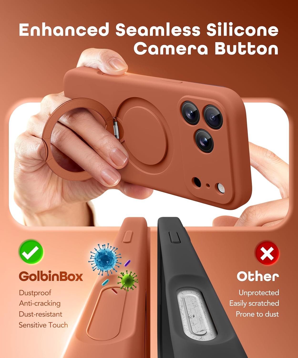 GolbinBox for iPhone 17 Pro Case with 360° Spin Magnetic Stand,[Compatible with MagSafe][Full Camera Protection],Full Body Shockproof Liquid Silicone Case with Ring Stand for 17 Pro 6.3'', Rose Orange - Image 6