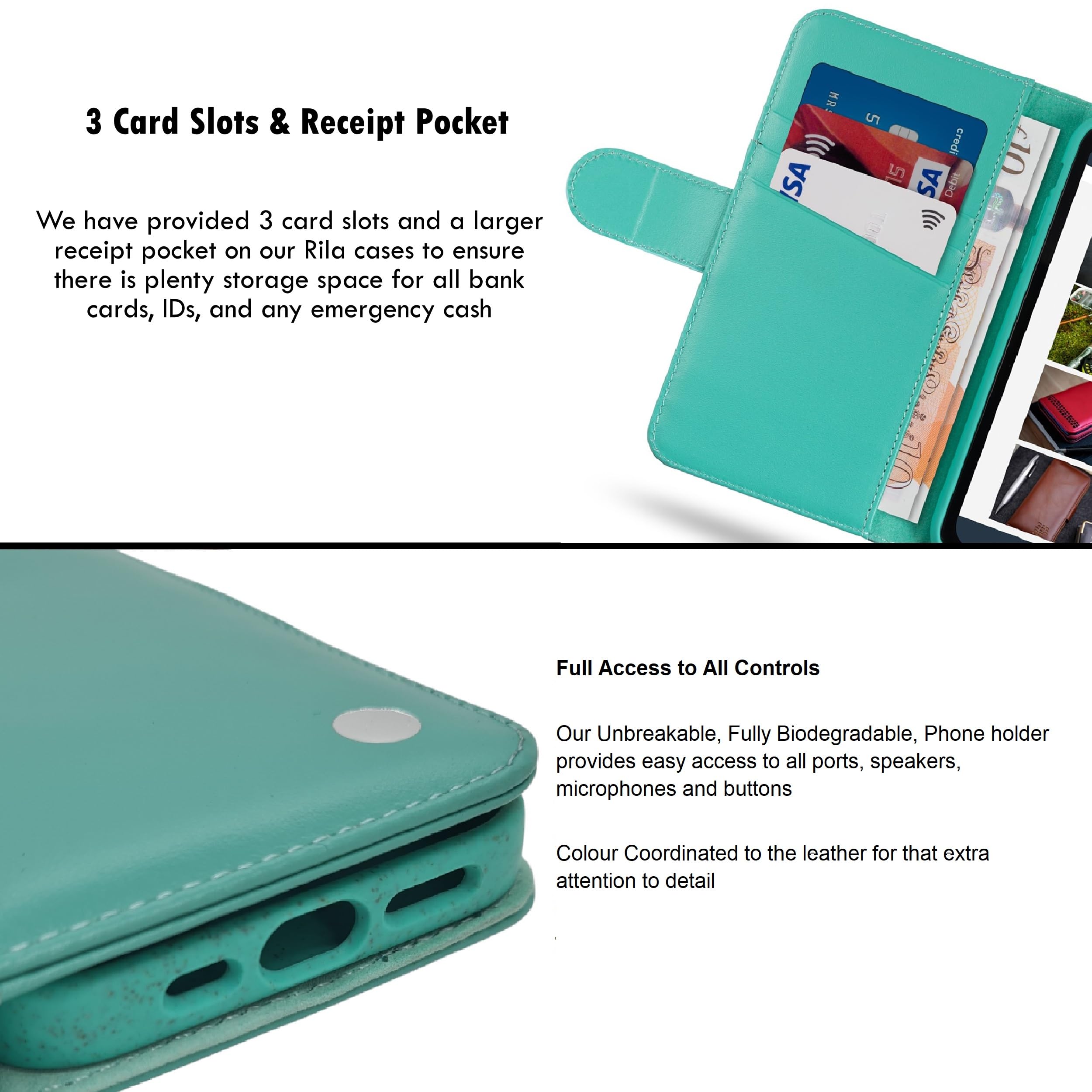 Ed Hicks Funda de piel azul para iPhone 16e — Funda de piel auténtica con tapa – Ranuras para tarjetas con bloqueo RFID, soporte de visualización – Soporte biodegradable a prueba de golpes – Azul