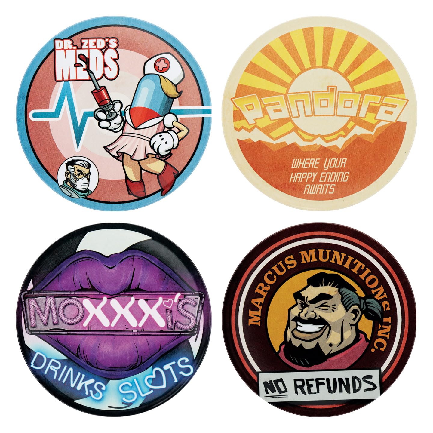 Fanattik Multicolor Borderlands Metal Coasters Set Of 4 – Officially Licensed Gaming Barware, 89Mm With Cork Base, Unique Designs For Fans & Collectors