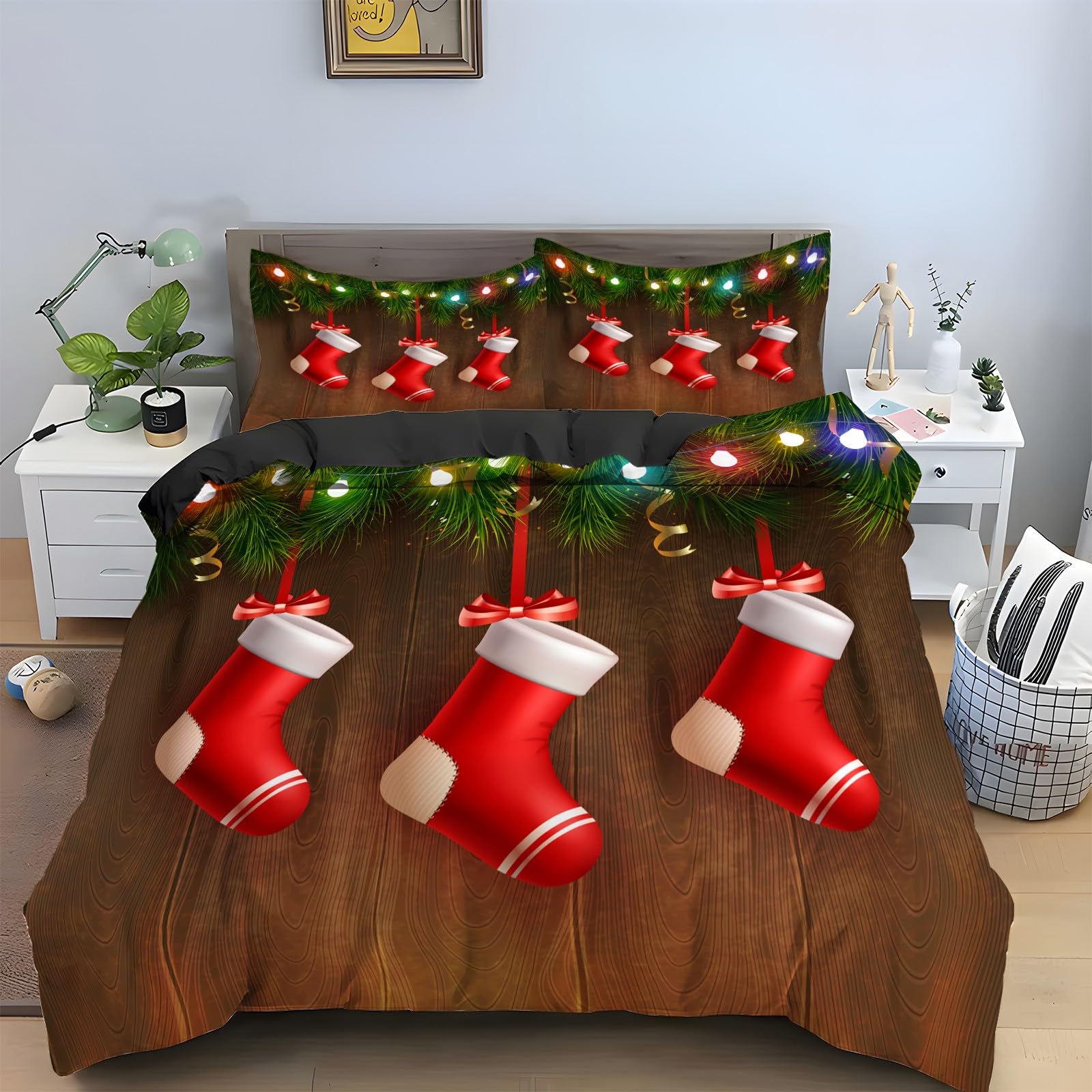 Housse de Couette 200x200 Chaussettes De Noël en Microfibre Douce avec 2 Taies