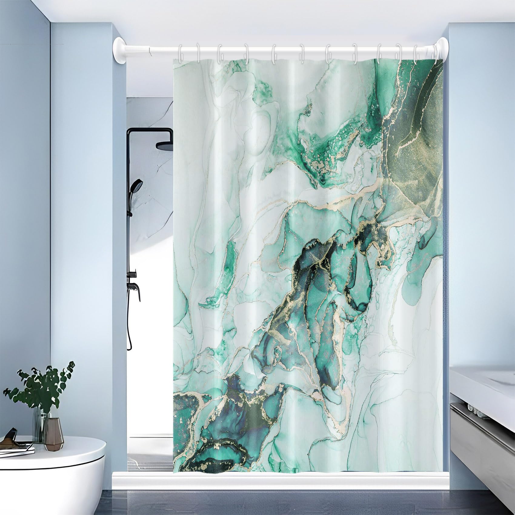SHUODAOCO Tende da doccia ad acquerello sfumato Giallo e verde Tenda da doccia in tessuto impermeabile con trama in marmo astratto per set da bagno con ganci 180Bx220Lcm