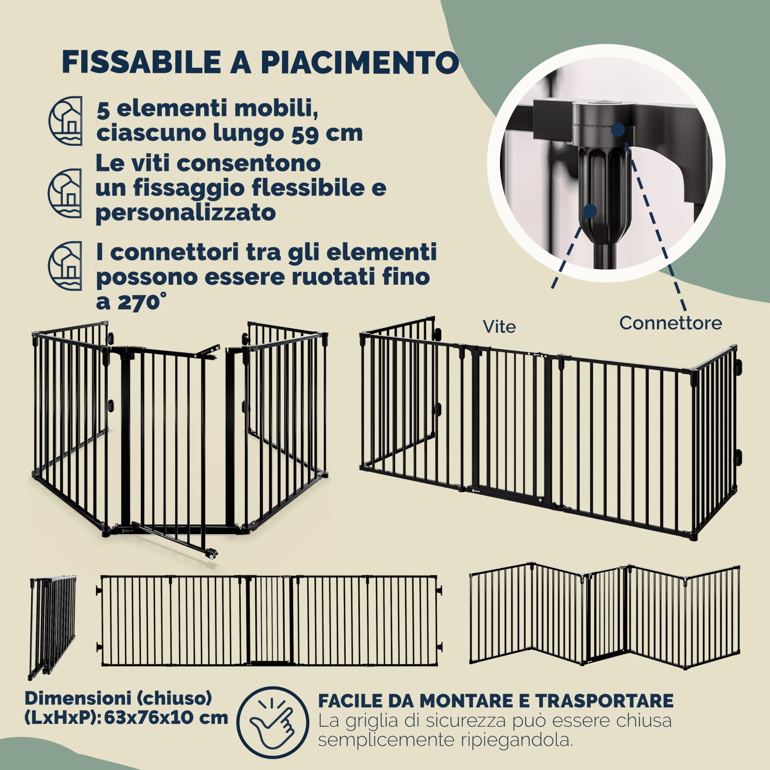 CASARIA Cancelletto di Sicurezza per 306x76cm Protezione | Sportello in Metallo 306x76cm Protezione Cani Animali Barriera, Cancello Camino Scale Stufa, Utilizzo sicuro, Uso flessibile