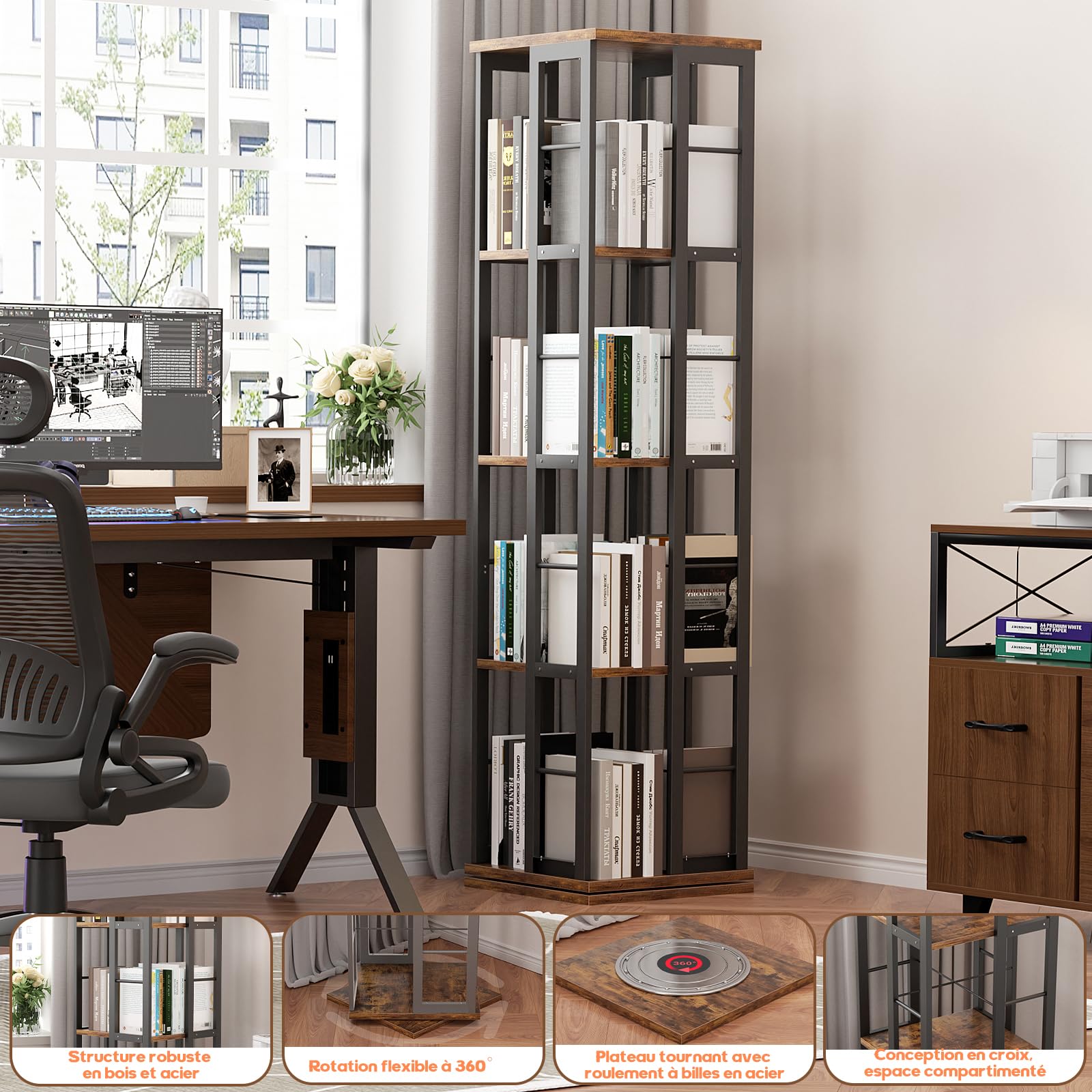 Étagère à livres rotative iSunirm, étagère d'angle, bibliothèque pivotante en bois à 360°, bibliothèque sur pied, étagère étroite et tournante, meuble de rangement pour petits espaces, marron rustique