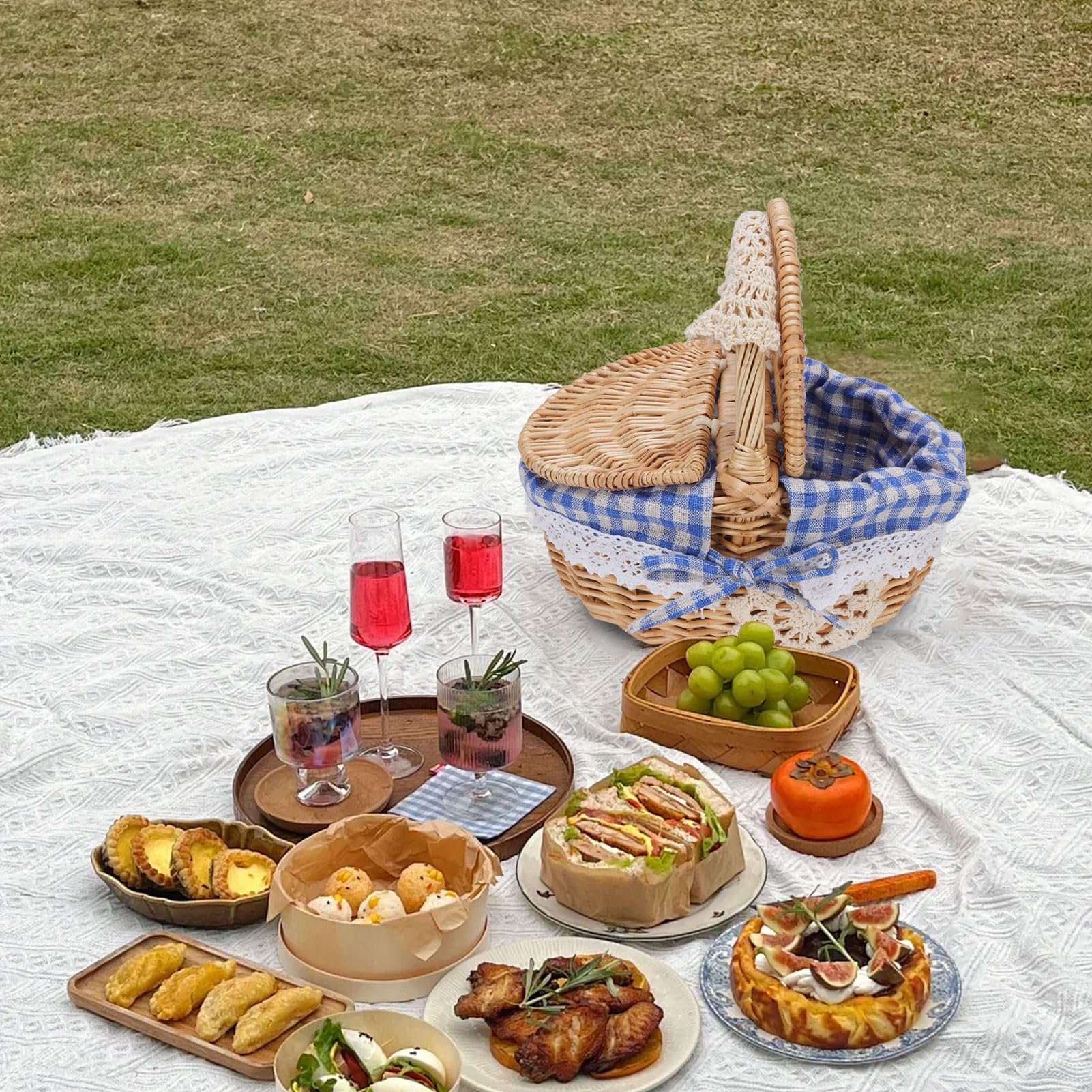 Panier de Pique-Nique en Osier avec Couvercle et Poignée, Panier de Pique-Nique pour la Cueillette de Légumes de Camping, Couvercle à Double Ouverture et Doublure Amovible (Plaid Bleu)